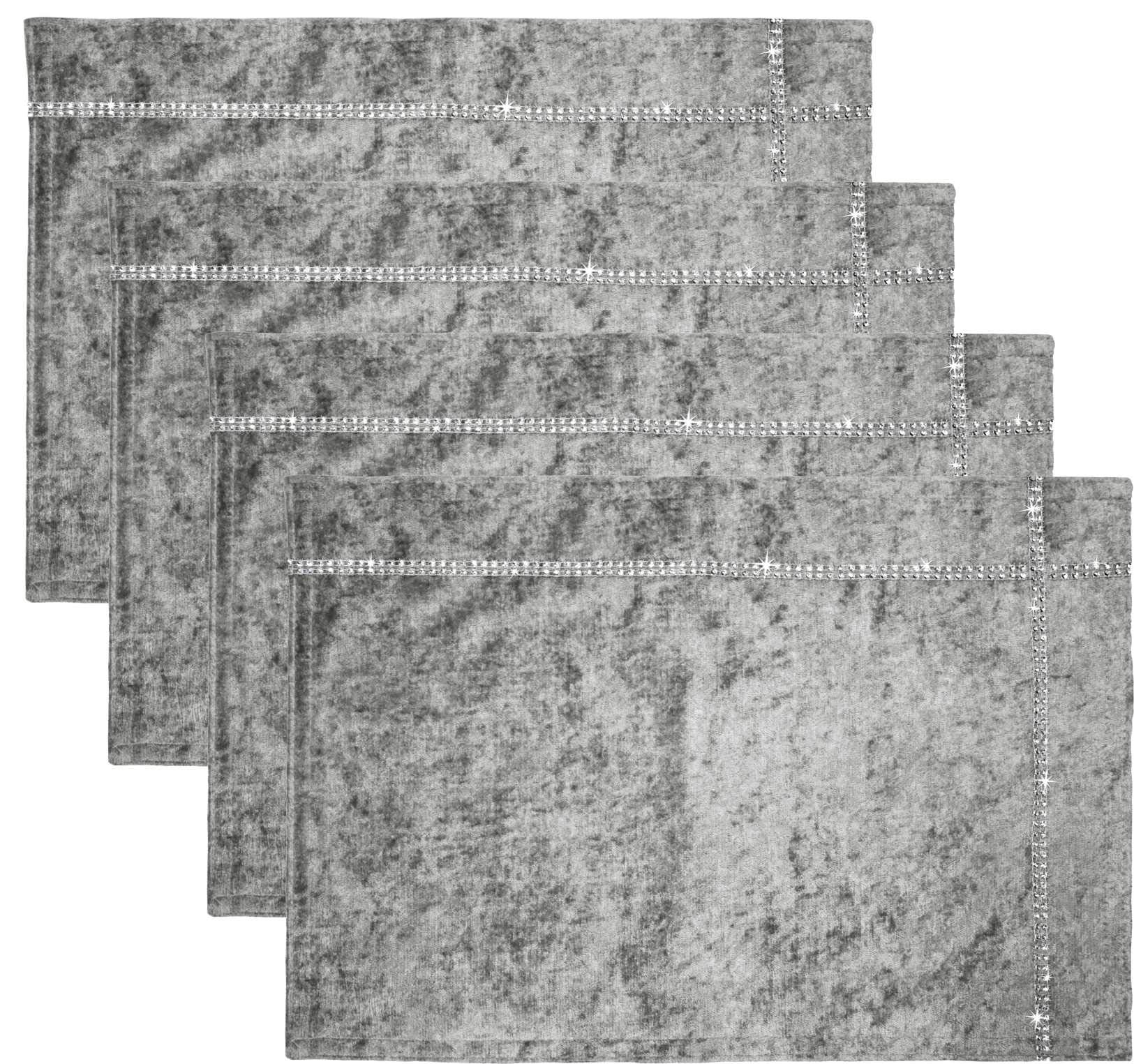 Intimates Crushed Diamante Velvet Luxury Table Runner Placemats (4 x Placemats, Silver)