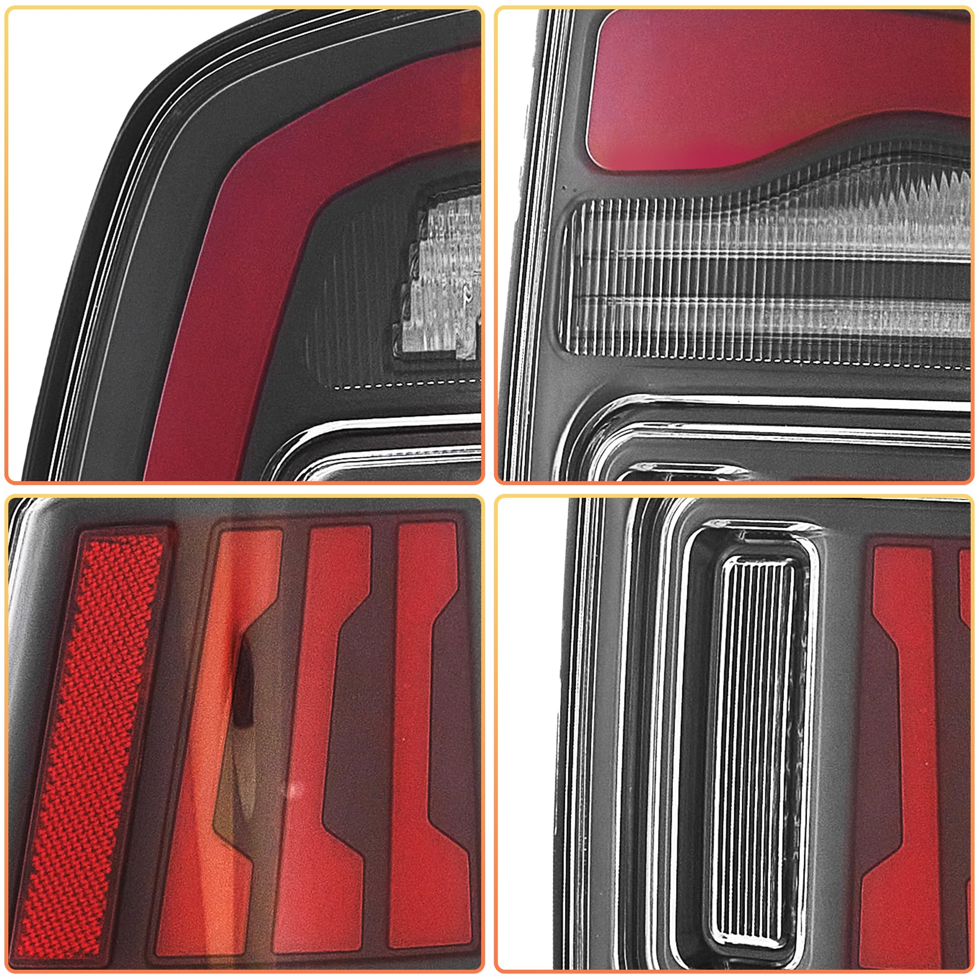 Rückleuchten kompatibel für Ram 1500 2009-2018, Ram 2500/3500 2010-2018, Ram 1500 Classic 2019-2024, Kein E-Prüfzeichen, Kein Nebellicht (Klar + Roter Balken)