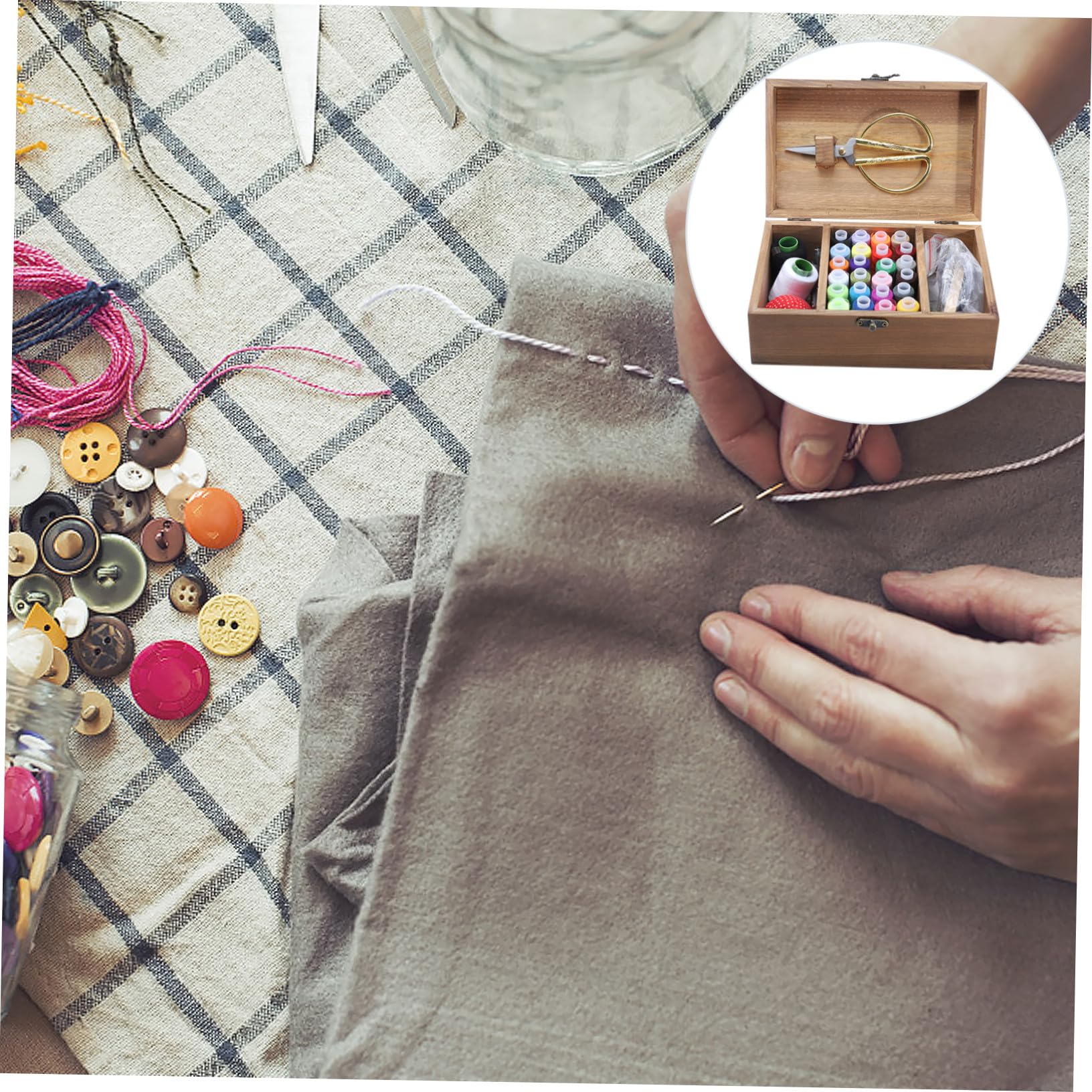 PLAFOPE Caja de Madera Vintage para Costura Gran Capacidad, Almacenamiento Ecológico para Agujas, Hilos y Tijeras en Kit de Costura DIY