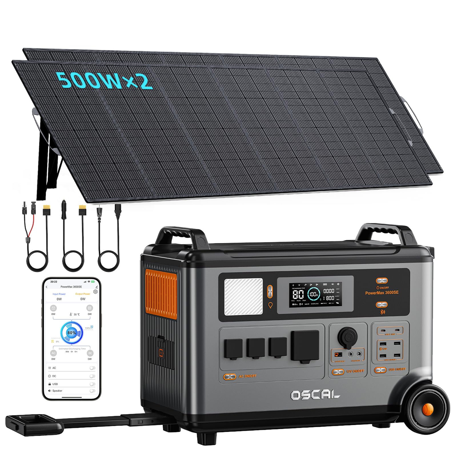 PowerMax 3600SE Powerstation Portatile con 2 Pannello 500W, 3600Wh LiFePO4, 3600W/6000W di Picco, 4x Uscita AC 230V, Generatore Solare con UPS, Gruppo di Continuità per Casa, Camper e Blackout