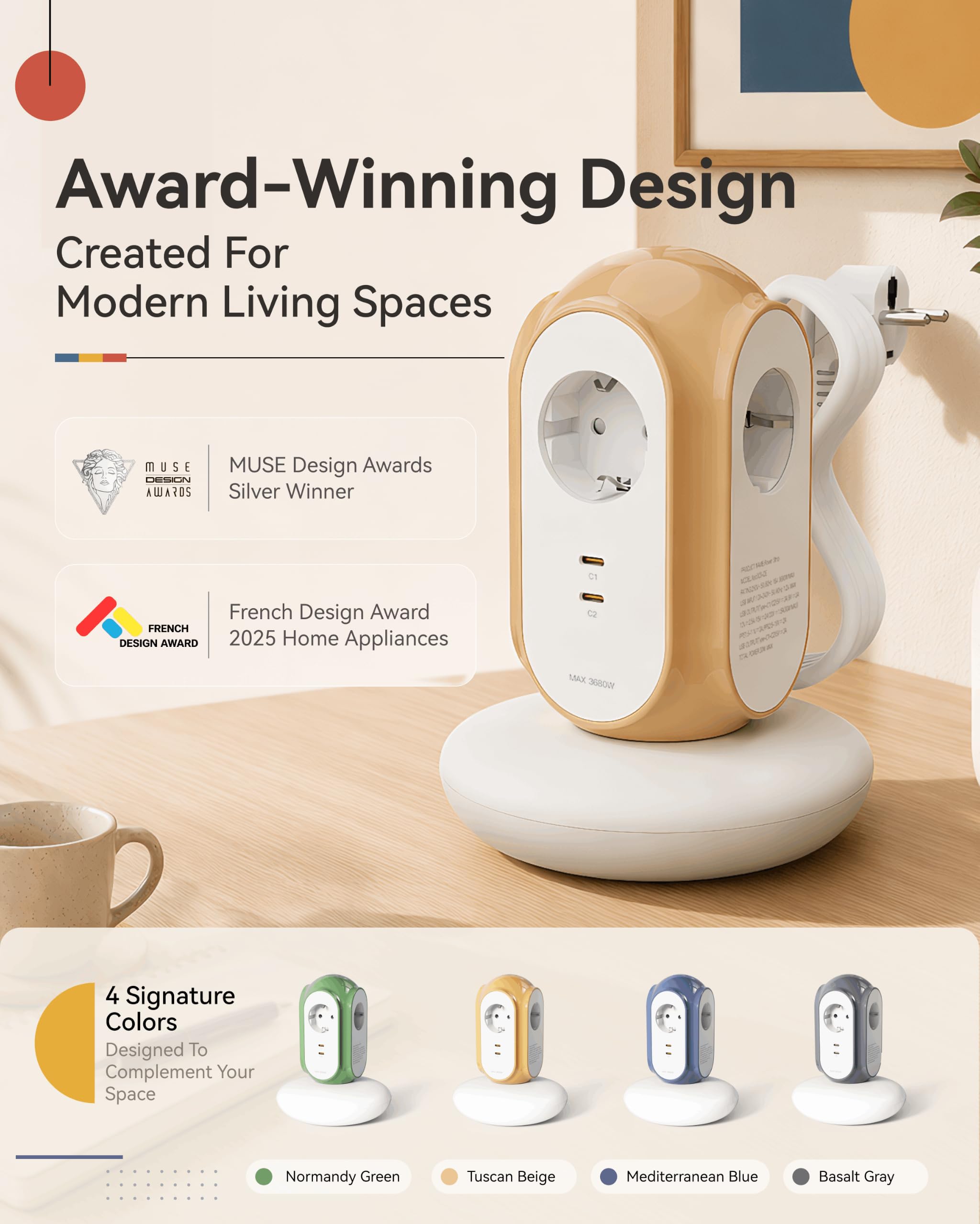 MiaoLab Listwa zasilająca z 3 gniazdami wtykowymi i 2 USB-C (szybkie ładowanie 30 W), 3680 W/16 A, ochrona przed przepięciem 1420J, podstawa 479 g, przedłużacz 2 m, zabezpieczenie przed przeciążeniem