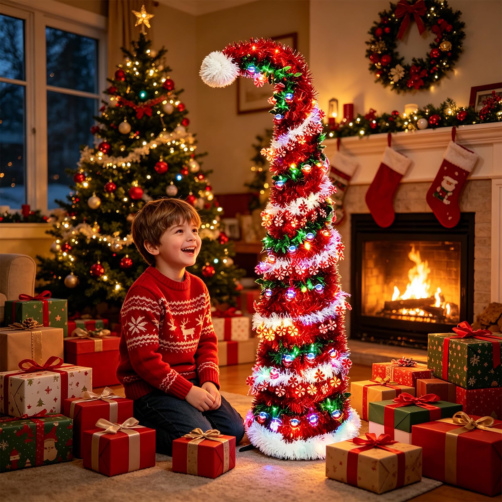 Faltbarer Künstlicher Weihnachtsbaum 150cm mit Beleuchtung, Pop Up Schmal Weihnachtsbaum mit 50 LED und Sternspitze, PVC Lametta Bleistift Tannenbaum Weihnachtsdekoration (Rot 2)