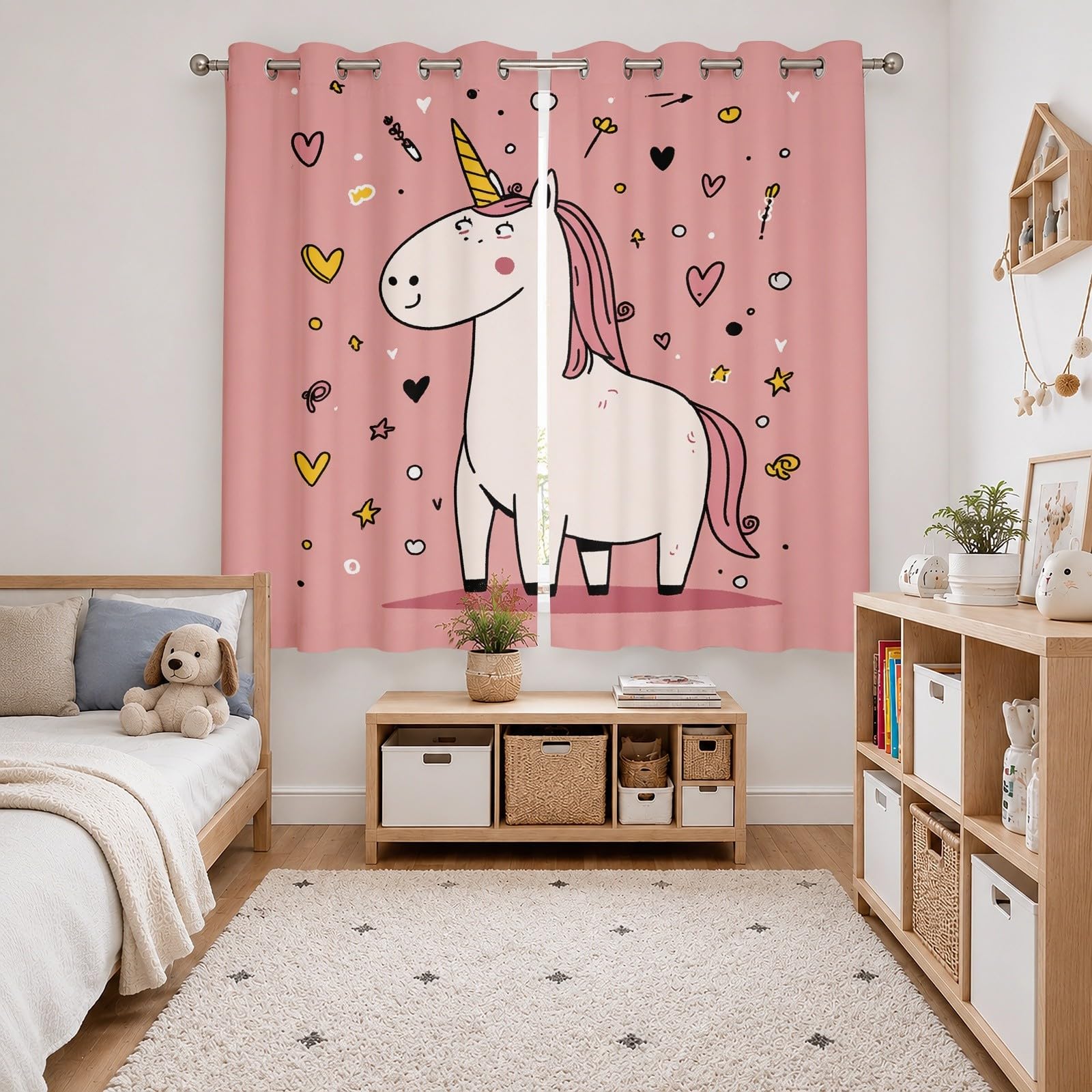 Thermiques Isolants Anti-Fondu Rideaux À Oeillets,140 x 245 cm (LxH) Dessin Animé Licorne CœUr Lot de 2 Occultants Rideaux,Draperies Opaquerideau Rose pour Salon Chambre d'enfant