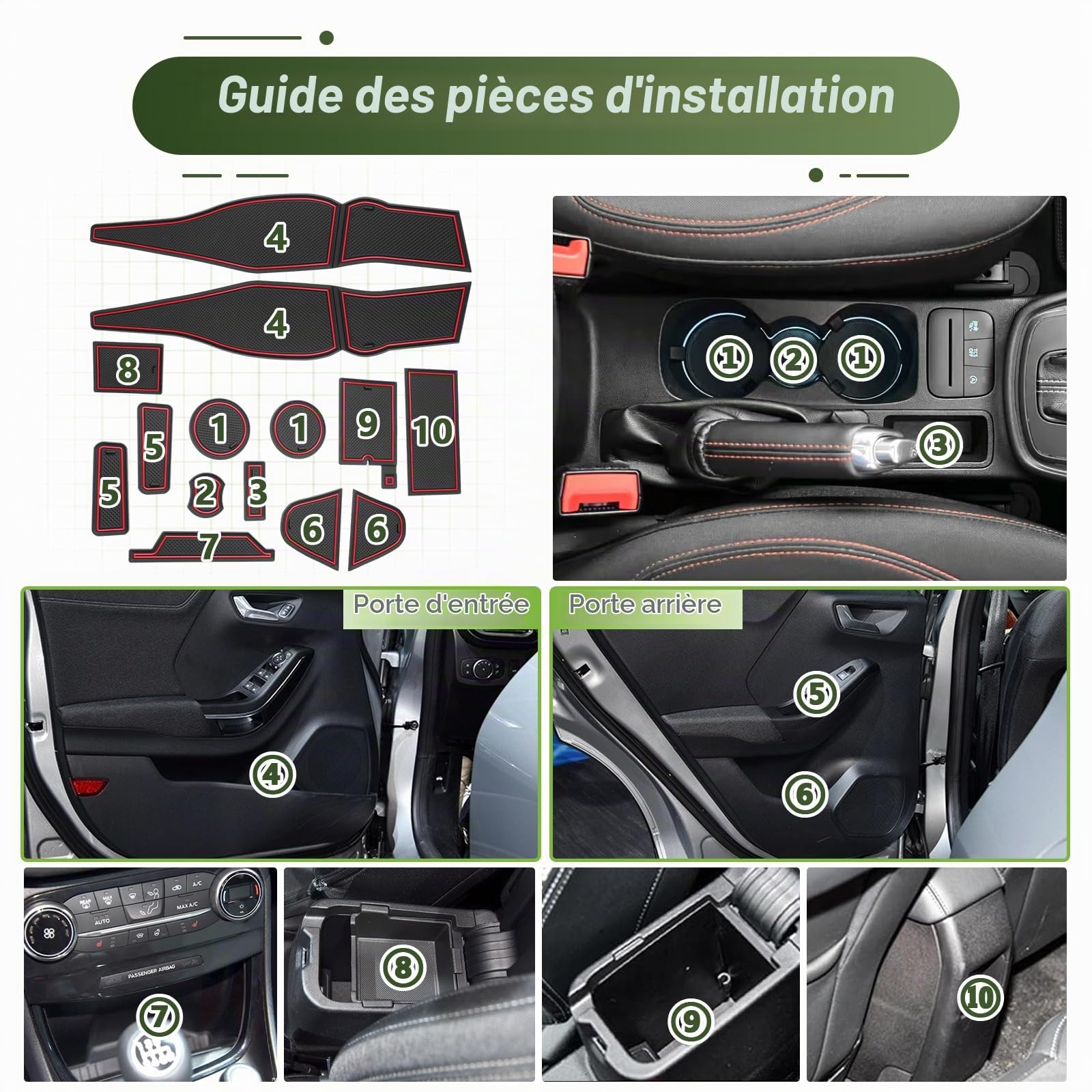 Tapis Anti-dérapant pour Ford Puma II 2020-2024 – Tapis en Caoutchouc Original pour Console Centrale, Porte-gobelets, Fente de Porte, Compatible avec Ford Puma St St-Line Titanium (Rouge)