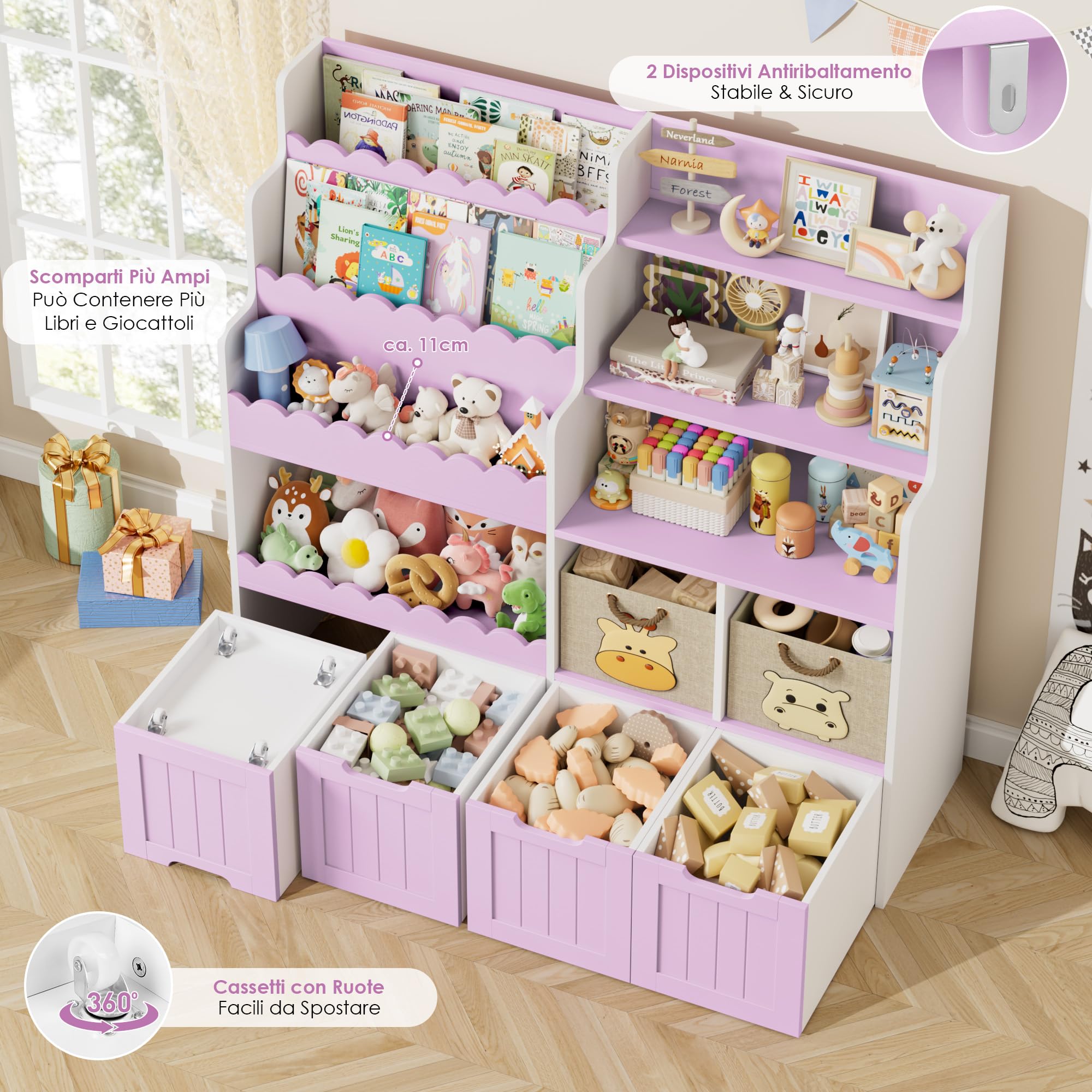 FOREHILL Libreria Montessoriana per Bambini, Porta Giochi Bambini a 4 Cassetti con Ruote Girevoli a 360°, Mobile Porta Giochi con Libreria a 3 Ripiani, 5 Scomparti Aperti, 125.5x40x120 cm (Lilla)