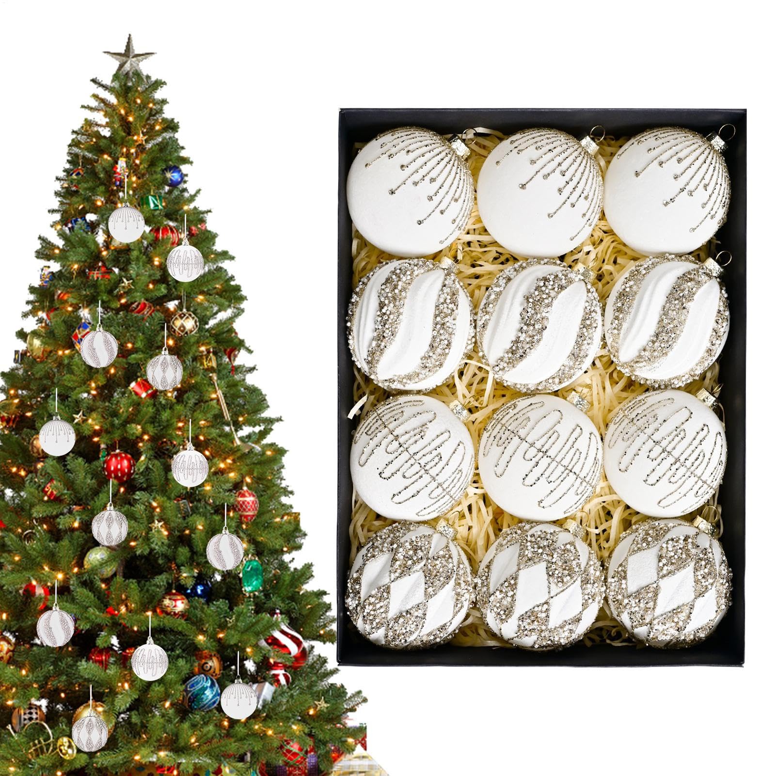 Boules de Noël en velours flocké : lot de 12 ornements élégants pour décoration de sapin intérieure