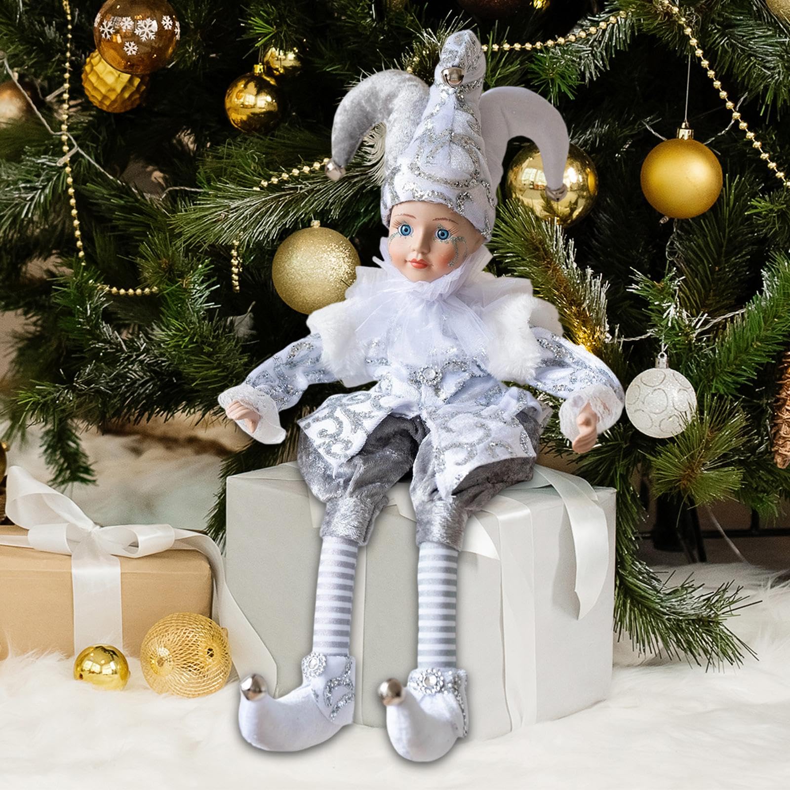 Milageto Muñeca navideña Decorativa, Figura navideña, Regalo de, Suave y Adorable, payasita con Cabeza Que se Mueve, para Chimenea, Mesa, Plata