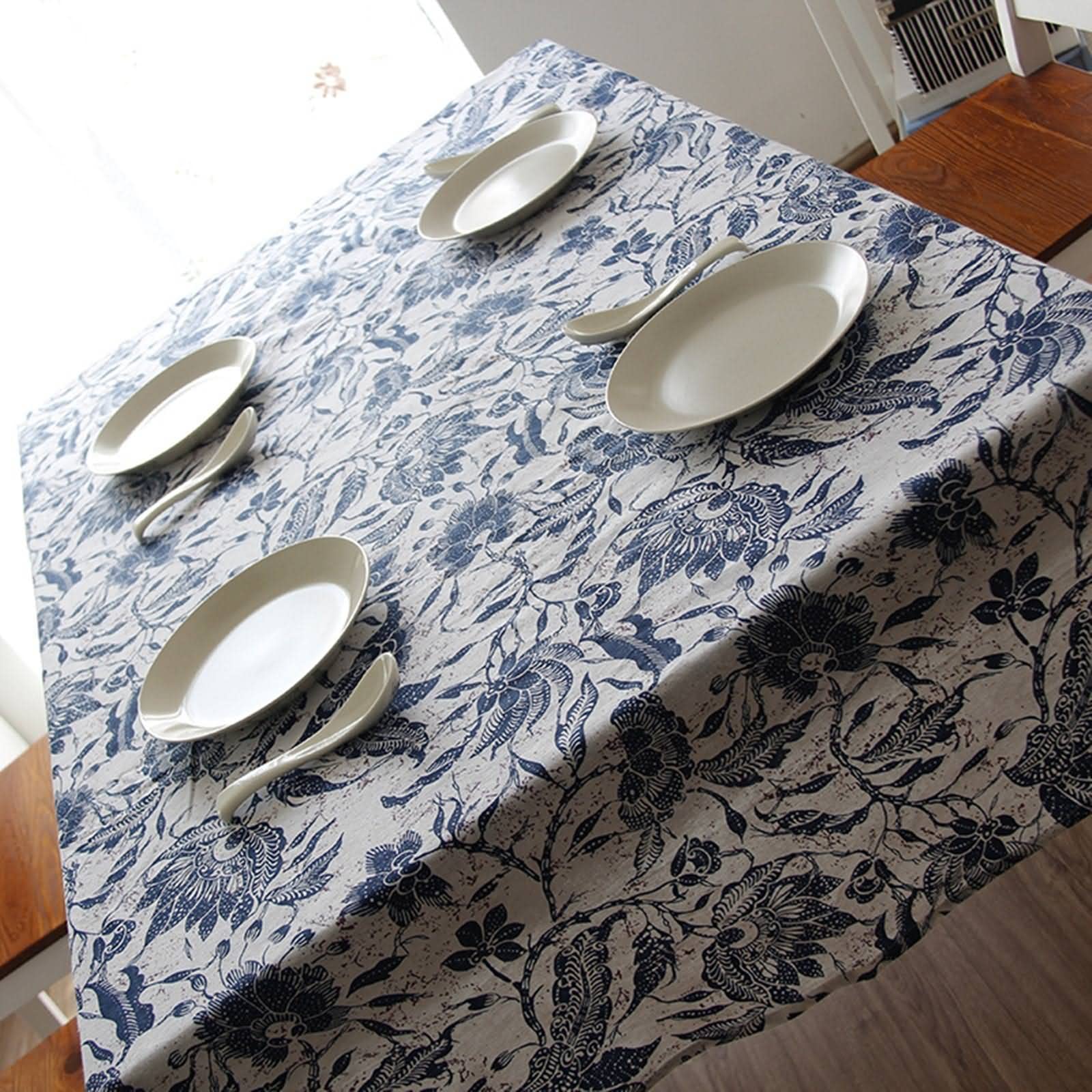 Tovaglia Rettangolare Lino Grezzo Copritavolo Cotone Porcellana Blu Bianca Quadrata Antimacchia Tovaglie Stiro Blu Bianco Decorazione per Protezione Cucina 140X220Cm