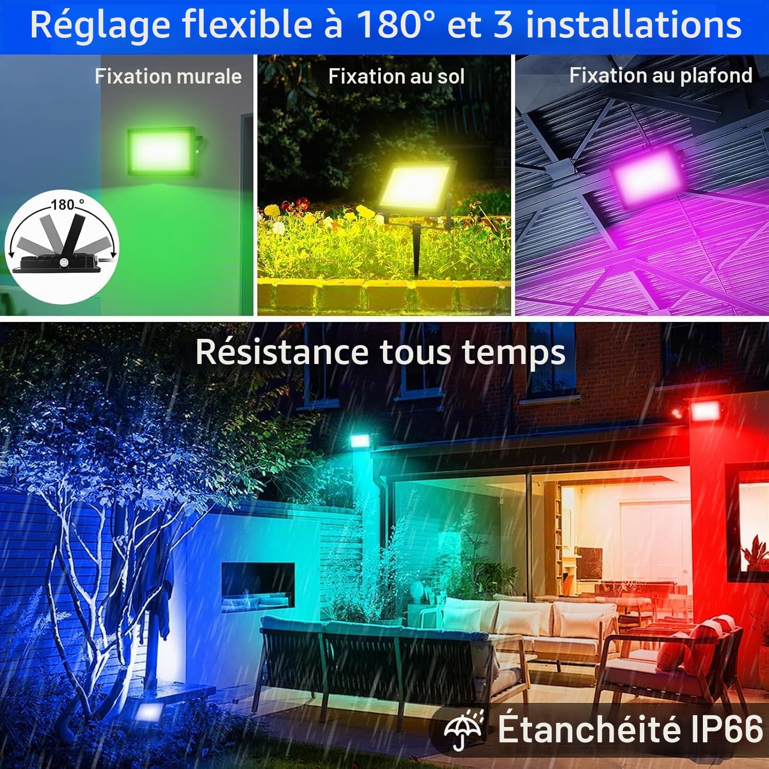 Projecteur LED RGB, T-SUNUS 100W Projecteur LED Couleur Extérieur WIFI avec APP Bluetooth et Télécommande, IP66 Etanche pour Fête Party Arbre Noël 2 Pièces
