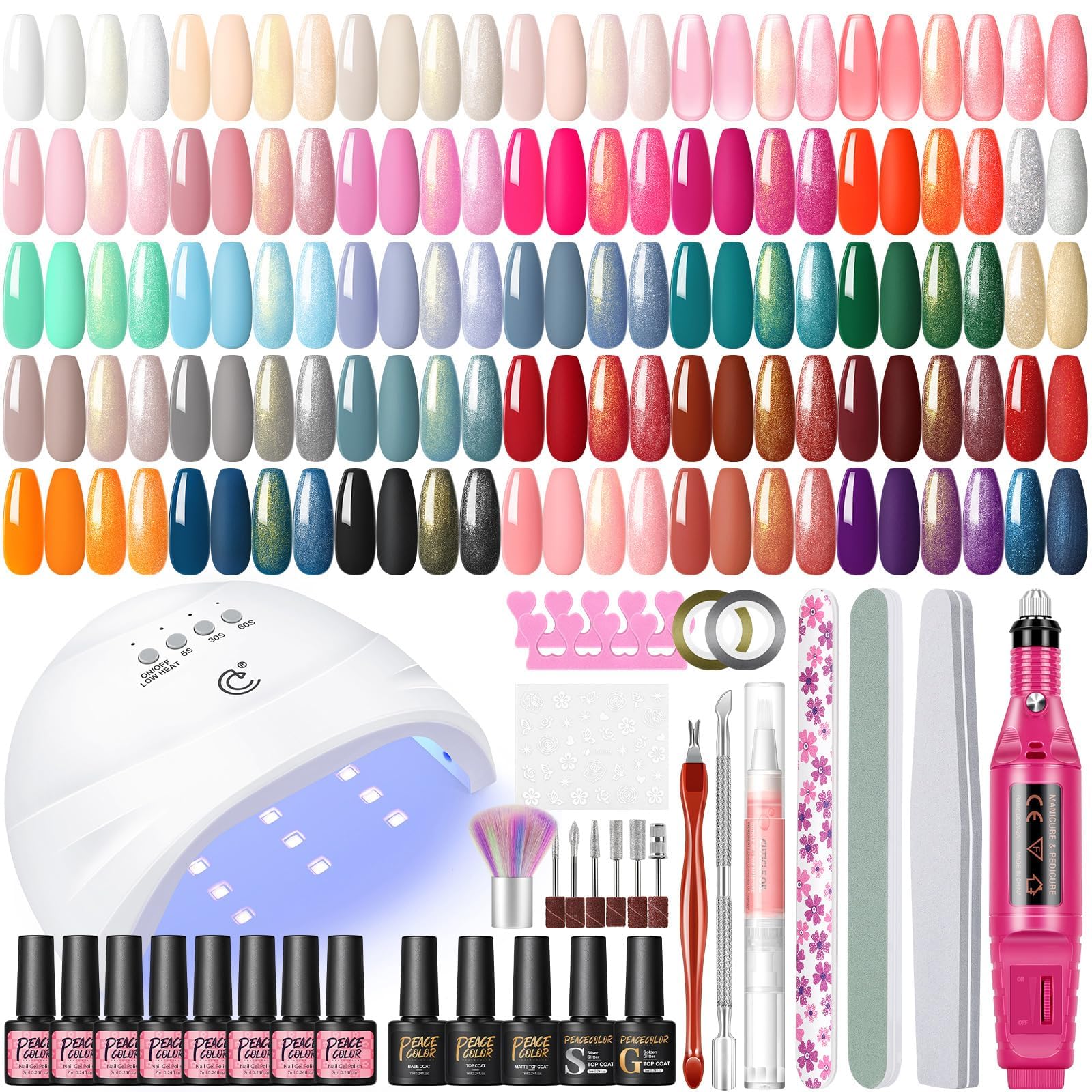 Kit Vernis Semi Permanent Complet PEACECOLOR - 35 Couleurs avec Ponceuse pour Ongles, Lampe UV/LED, Base et Top Coat Kit Ongle Gel UV Complet Nail Art Kit Manucure
