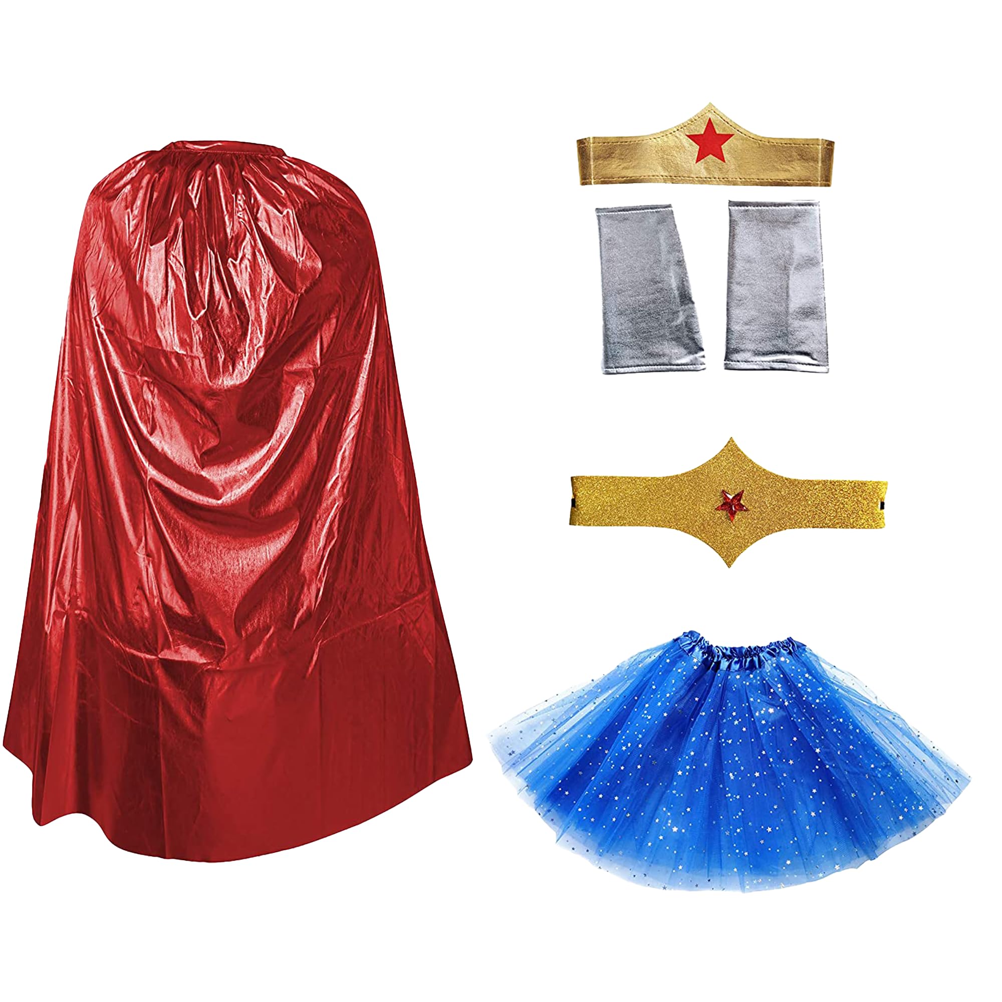 Disfraz Superhéroe Poder Niña Mujer,Conjunto Falda Tutú con Estrella, Capa, Pulseras Cinturón y Tocado (Pack Rojo Superwoman)