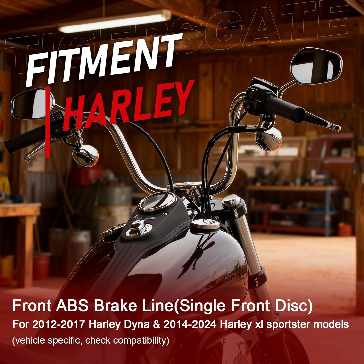 12" Front ABS Brake Line (Single Front Disc) for Harley 2012-2017 Dyna & 2014-2024 sportster xl models, Black