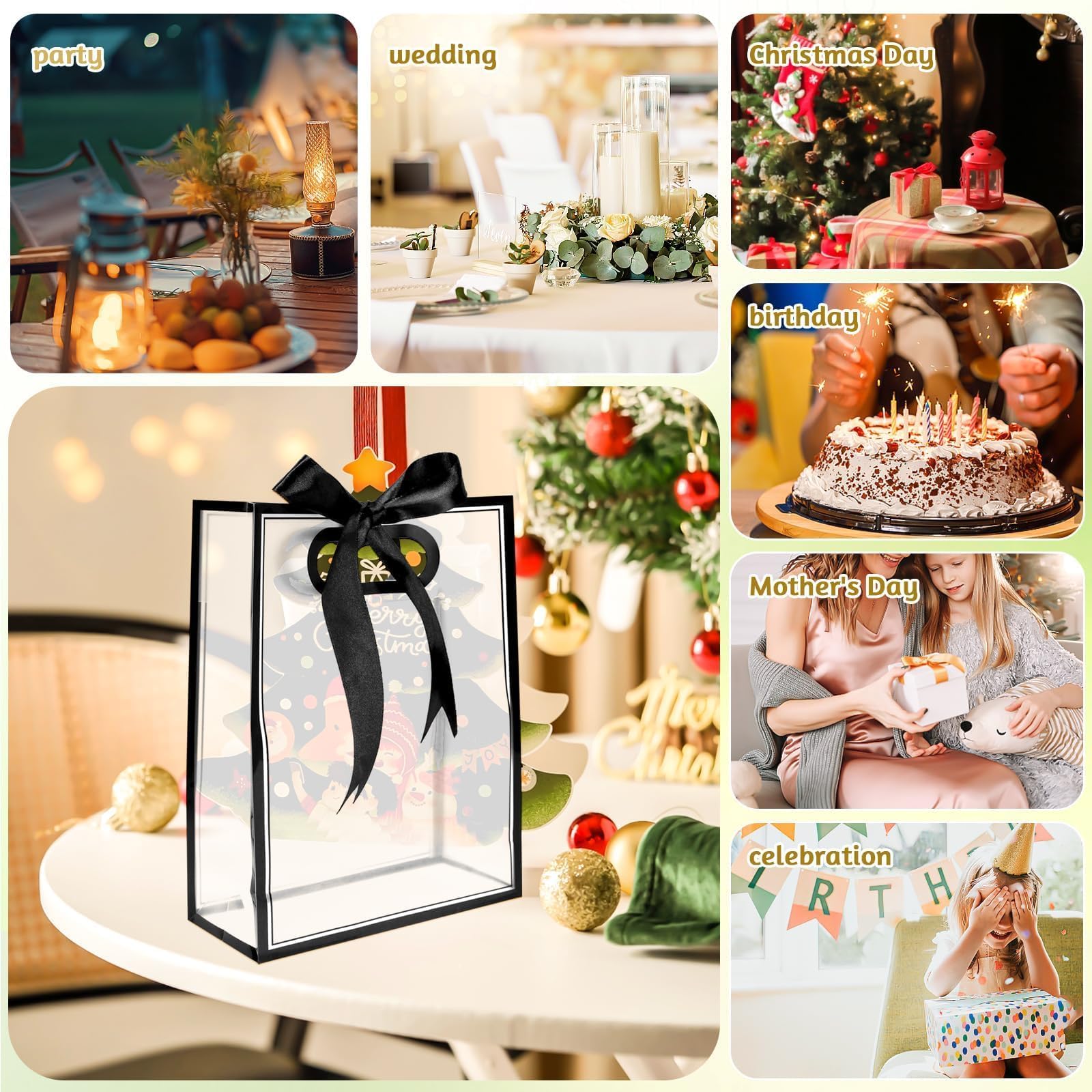 BadenBach 20 PCS Clear Gift Bags with Handles,7"x10"x3.2", Reusable Clear Party Favor Bags with Ribbon,Transparent Plastic Gift Bags for Bridal Party Baby Shower Wedding Mother's Day,Black
