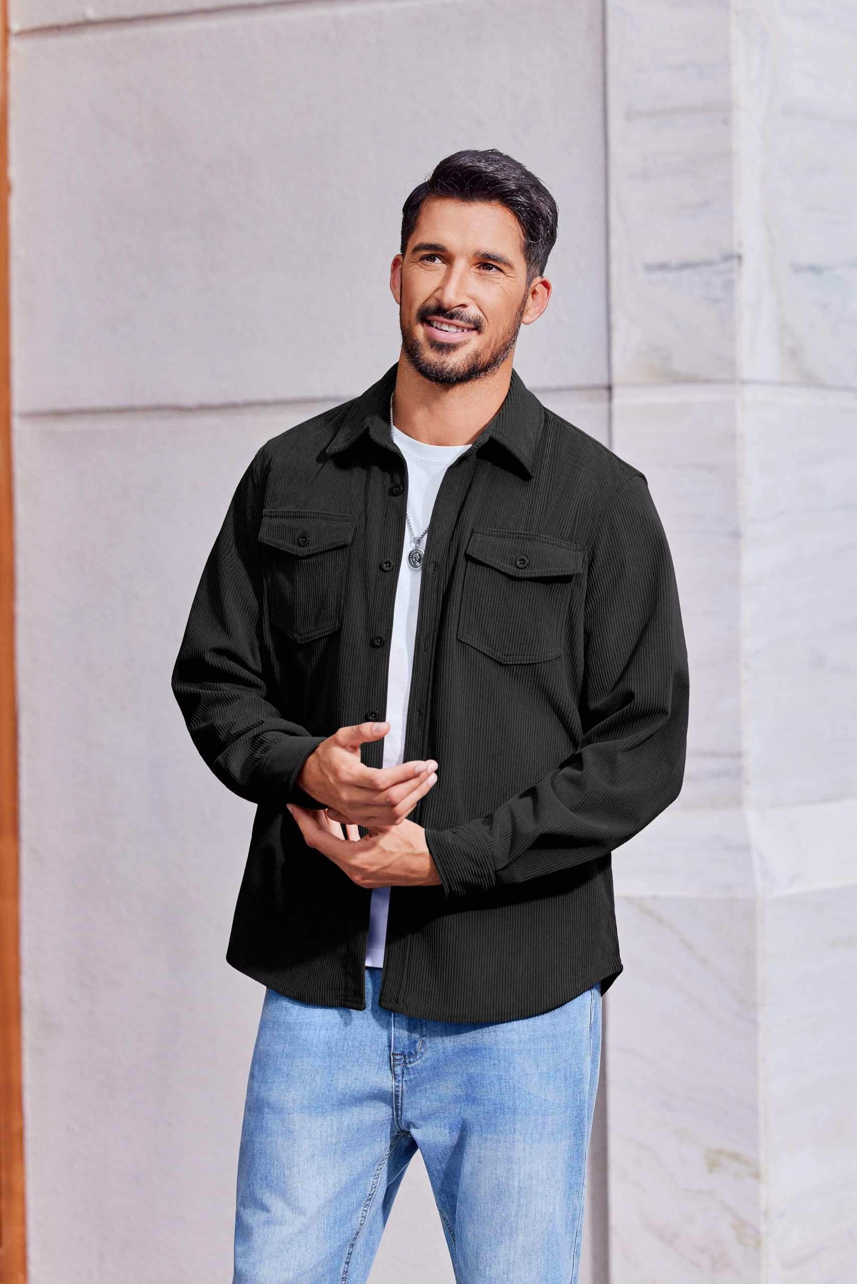 COOFANDY Camicie da uomo in velluto a coste con bottoni giacche casual a maniche lunghe shacket leggero Overshirt con tasche con patta