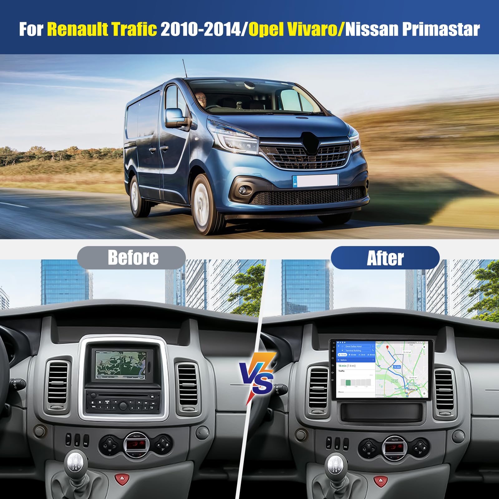 CAMECHO 2+64G 10 cali radio samochodowe do Renault Trafic 2010-2014/ Opel Vivaro/Nissan Primastar, Android 13 Wireless Carplay HD Bluetooth radio z GPS WiFi Android Auto FM/RDS + kamera cofania Canbus