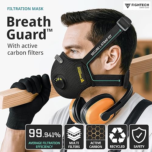 Miniatura 4 de FIGHTECH Máscara facial antipolvo con filtros de carbono extra activos y válvulas de aire, para carpintería, mudanza, construcción