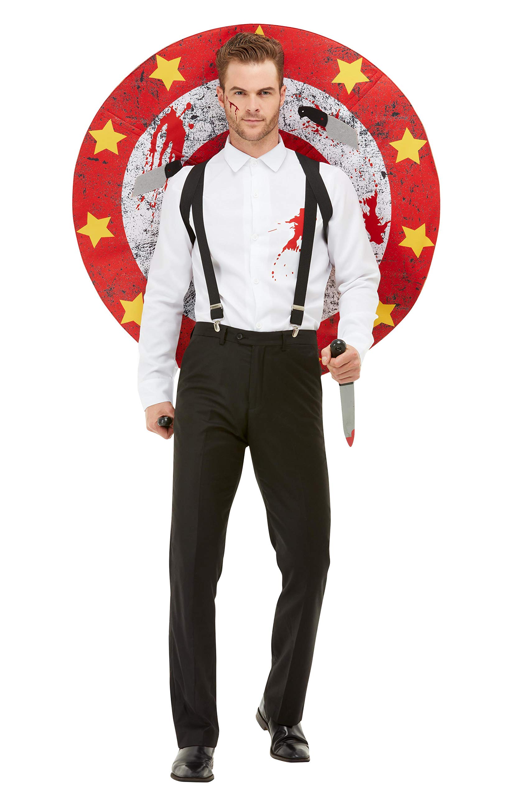 SMIFFYS Costume Deluxe da Lanciatore di Coltelli, rosso e bianco con camicia, bretelle, bersaglio e coltelli, costume da circo, costumi da giullare