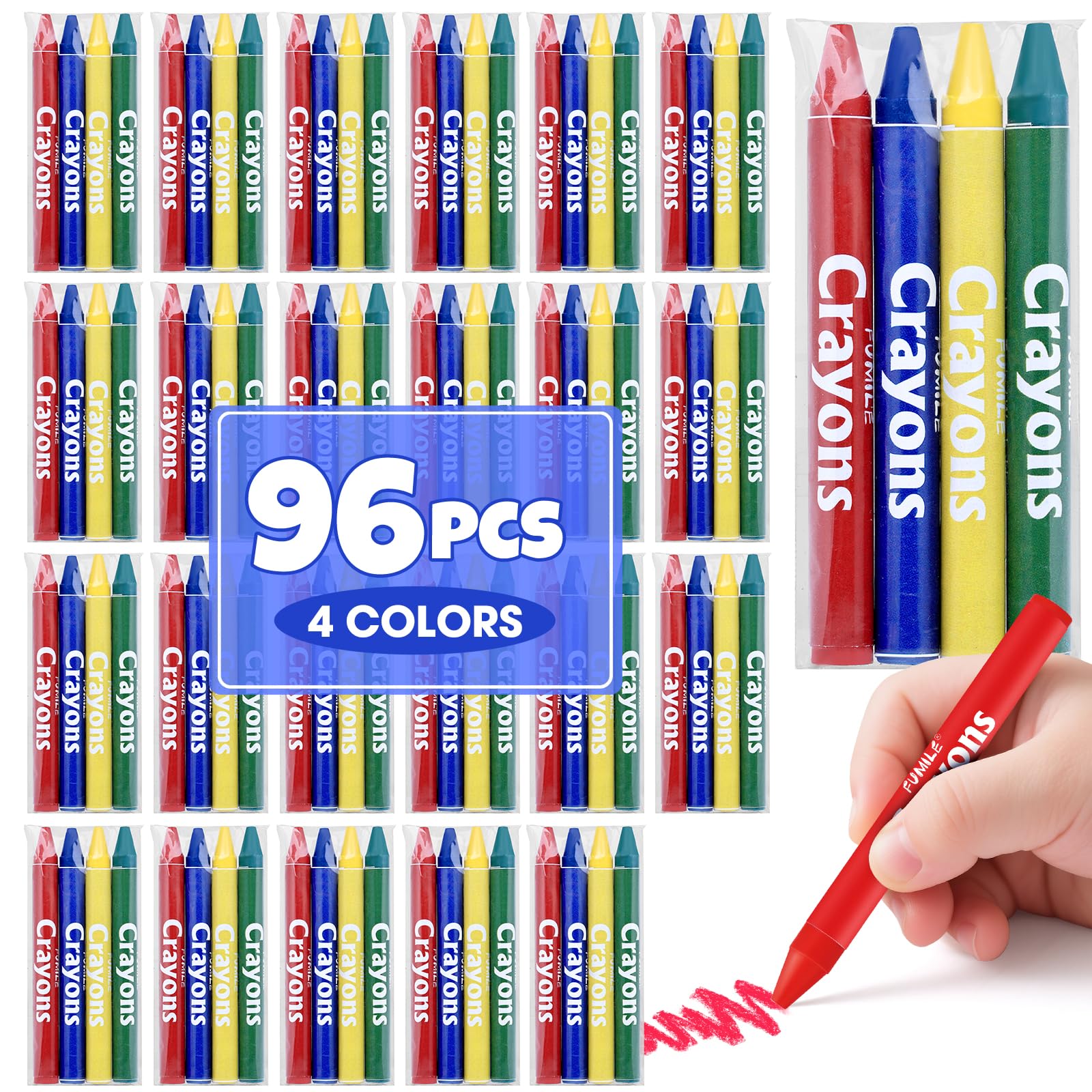 FUMILE 24 Sets of 4 Colors Crayons (96 Count), Crayons Bulk Individual Packs, Non-Toxic Mini Crayon for Kids Party Favors, Restaurants, School