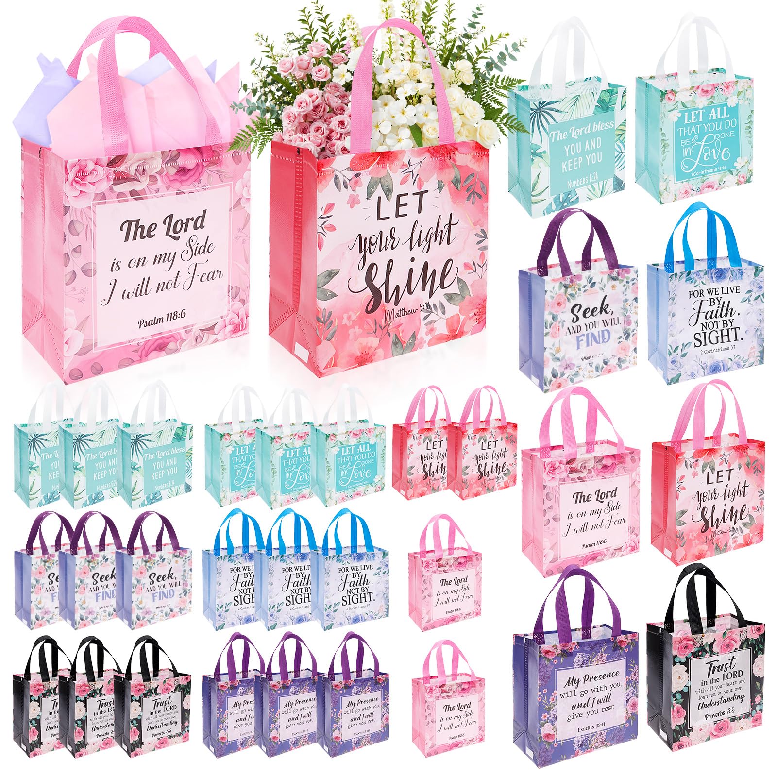 32 Pcs Religious Gifts Bags with Handles,Medium Reusable Inspirational Tote,9" Flower Printed Bags for Presents, Birthday, Anniversary, Shopping, Wedding Party Supplies,8.6×4.3×9in