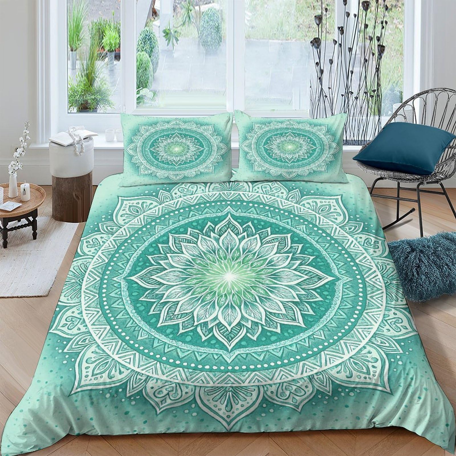 Ctjqhvkz Style-5 3D Printed Mandala Floral Fitted Sheet Microfiber Teal Geometric Bed Cover Non Slip Easy Care For Bedroom Guest Room Single（135X200cm）