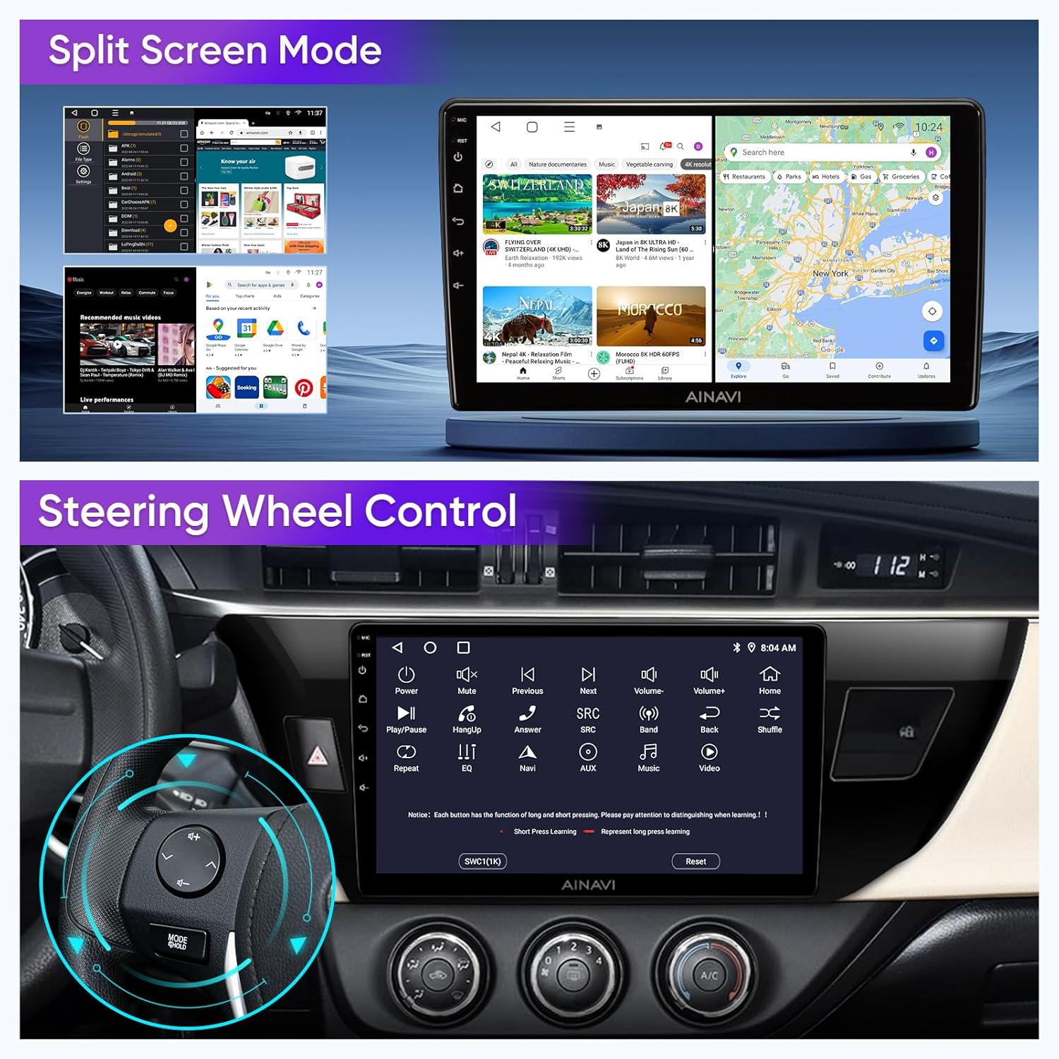 Car stereo display showing Bluetooth phone dialer and music playback, alongside a smartphone demonstrating Wi-Fi connection.