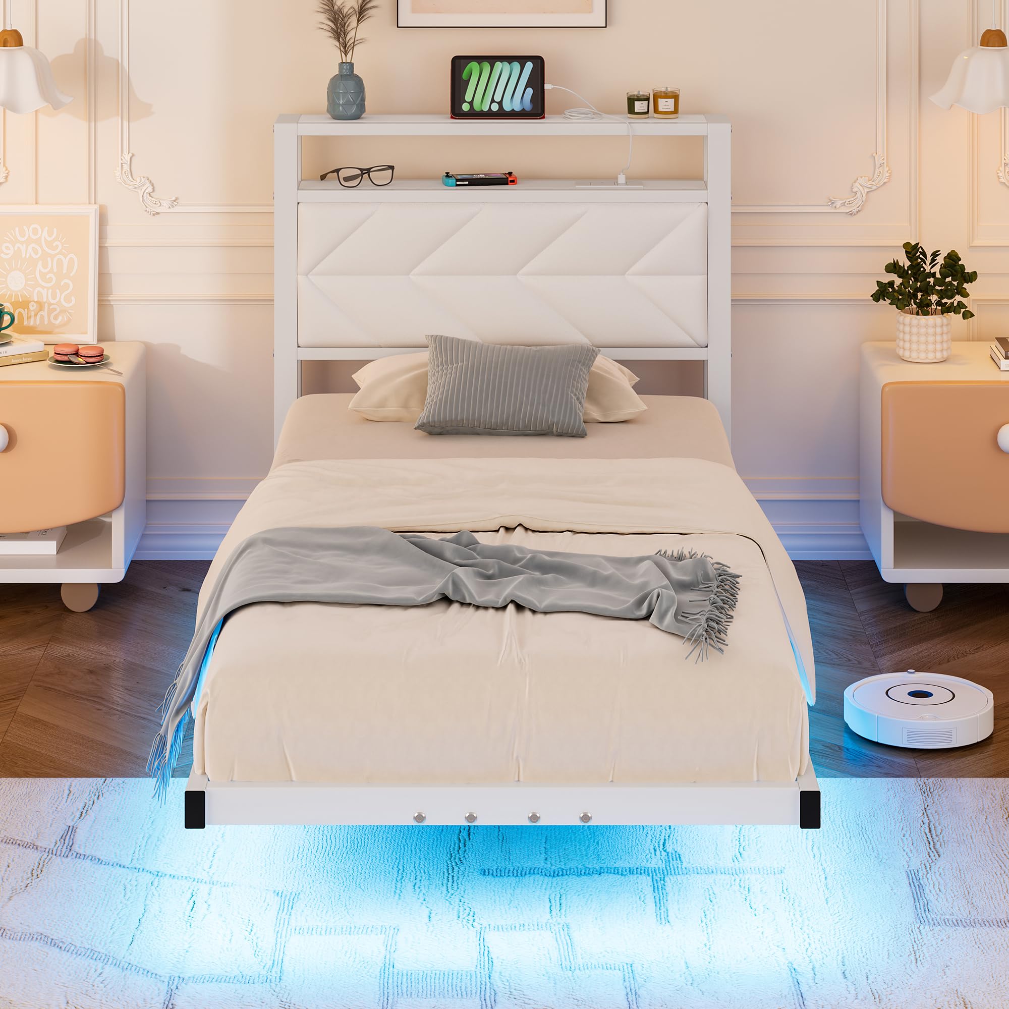VERFARM Single Floating Upholstered Bed Frame with Storage Headboard, White
