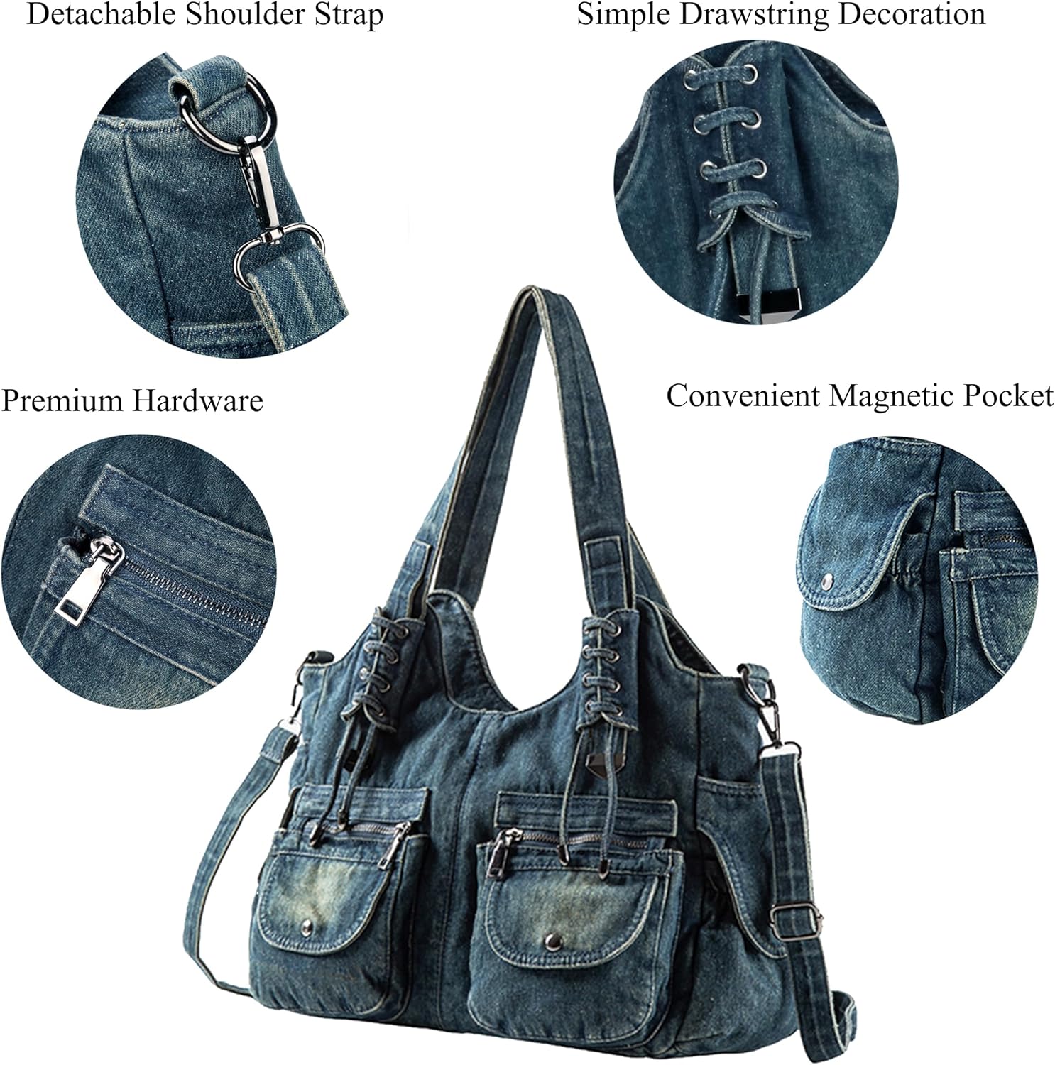 Designer Denim Handbags for Women Hobo Tote Bag Crossbody Denim Purses Blue Jean Shoulder Bag - Image 6