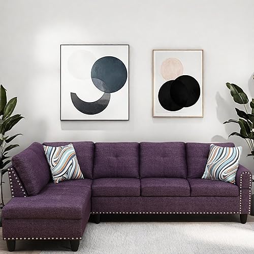 Miniatura 13 de FONTOI Sofá modular en forma de L, sofá modular moderno de 4 asientos con portavasos y ribete de cabeza de clavo, sofá en forma de L de piel gris