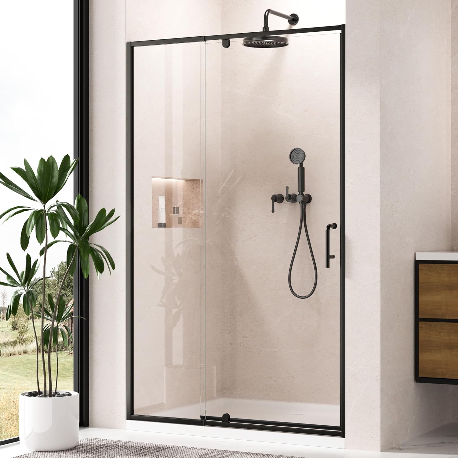 Keonjinn Pivot Shower Door, 44-48" W x 76" H Semi-Frameless Glass Shower Door, 1/4"(6mm) Clear SGCC & ASNI Tempered Glass with Explosion-Proof Film & Nano Coating, Magnetic Closing, Matte Black Finish