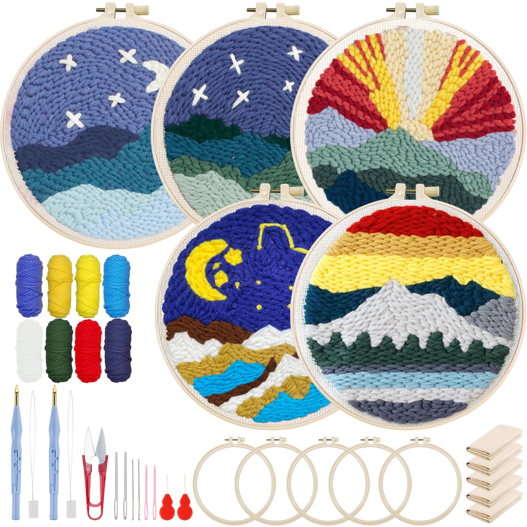 Attuslla 3 Set Punch Needle Embroidery Kits, Punch Needle Kits for Adults Beginner with Color Pattern Plastic Hoop