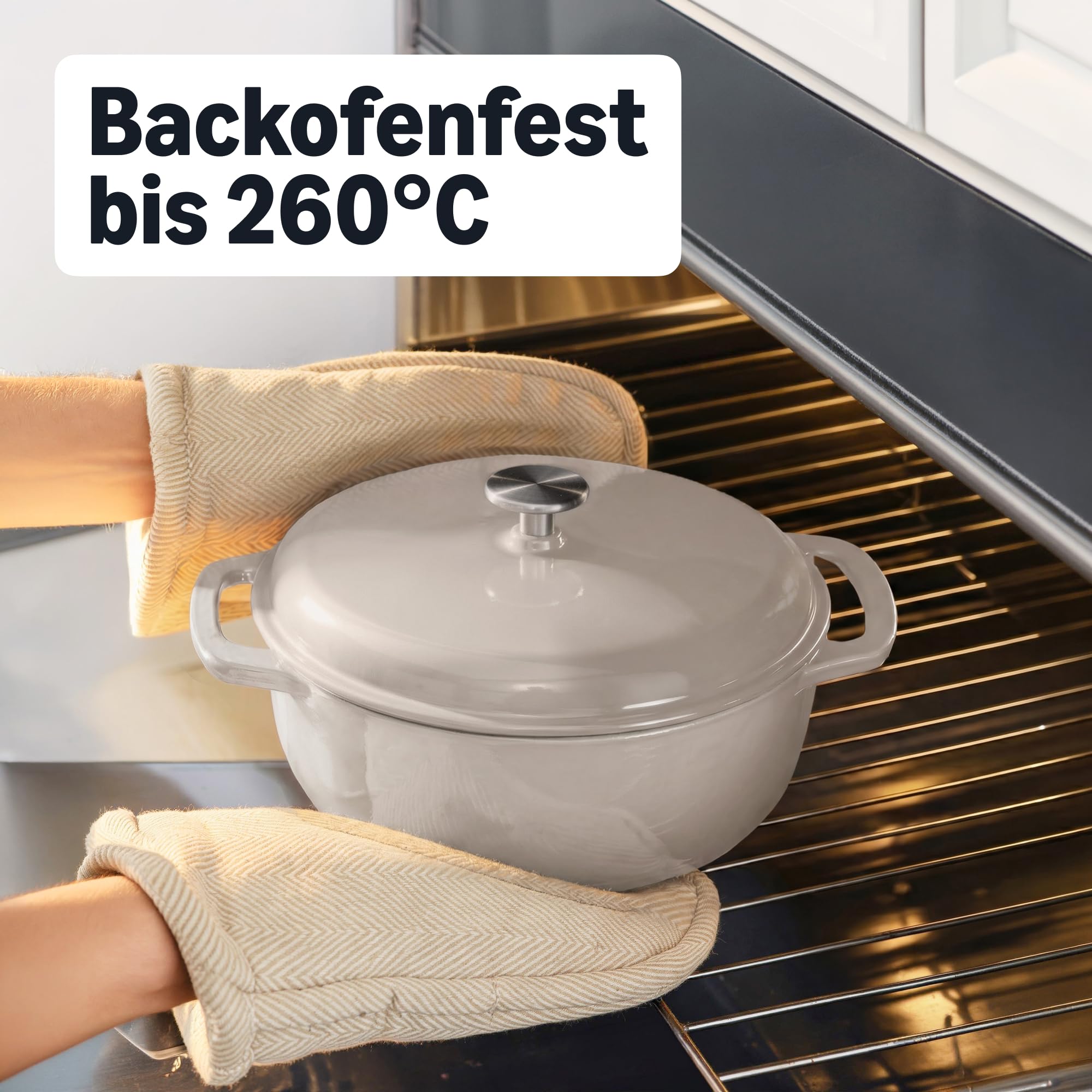 Amazon Basics Schmortopf Rund aus Emailliertem Gusseisen mit Deckel, 4,1 L, Leinengrau