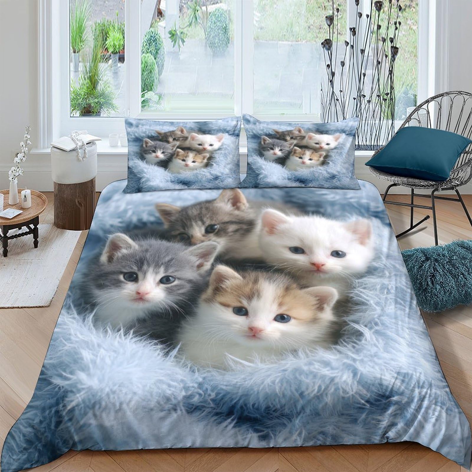 Ctjqhvkz Style-3 3D Printed Fluffy Kittens Fitted Sheet Microfiber Soft Anti-Slip Cat Nest Bed Cover For Bedroom Guest Room Decor Single（135X200cm）