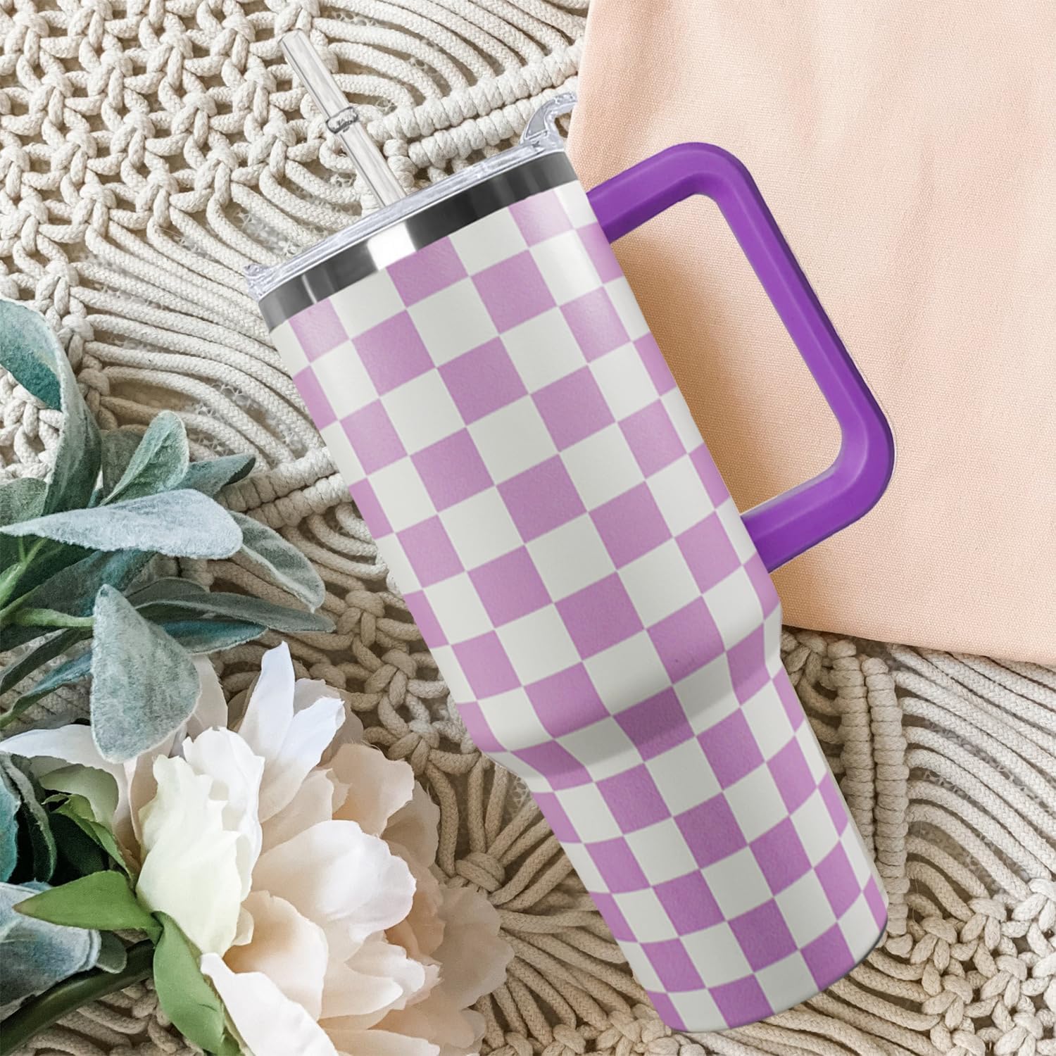 Ceovfoi 40 Oz Checkered Tumbler with Handle Lid and Straw, Purple Checkered Tumbler Water Bottle Travel Coffee Cup Mug,Checkered Gifts for Women - Image 7