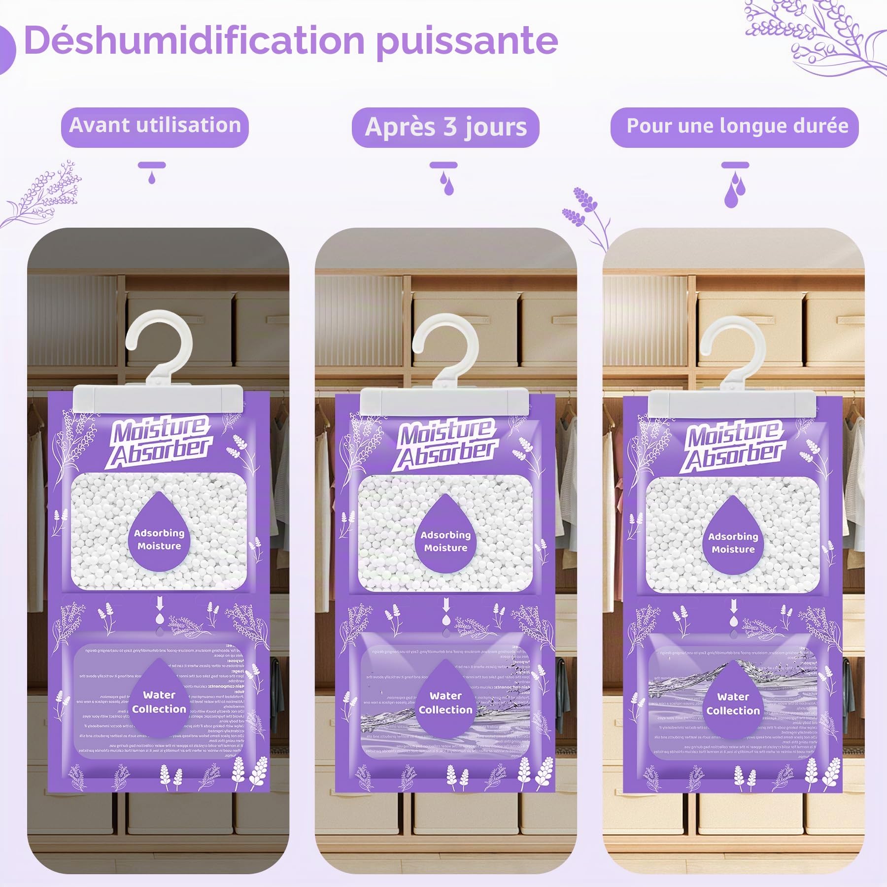 Déshumidificateur suspendu 20 x 230 g avec parfum, absorbeur d'humidité pour cave, chambre à coucher, buanderie, contre l'humidité, anti-moisissure, sac déshydratant – Lavande