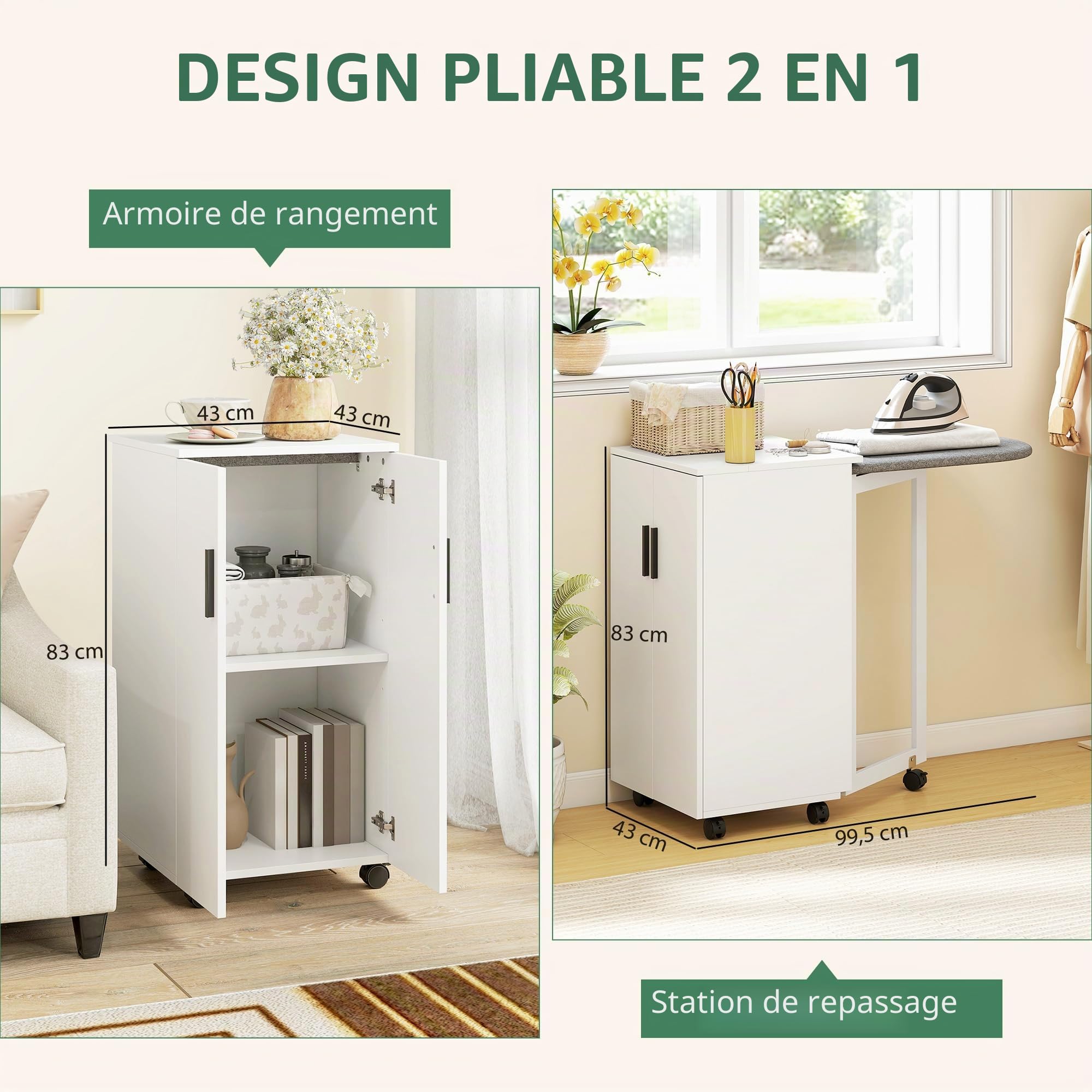 HOMCOM Armoire de table à repasser pliable avec 2 portes 99,5 x 43 x 83 cm Blanc | Étagères réglables, table à repasser pliante, roulettes, rangement, charnières à fermeture douce, pour buanderie