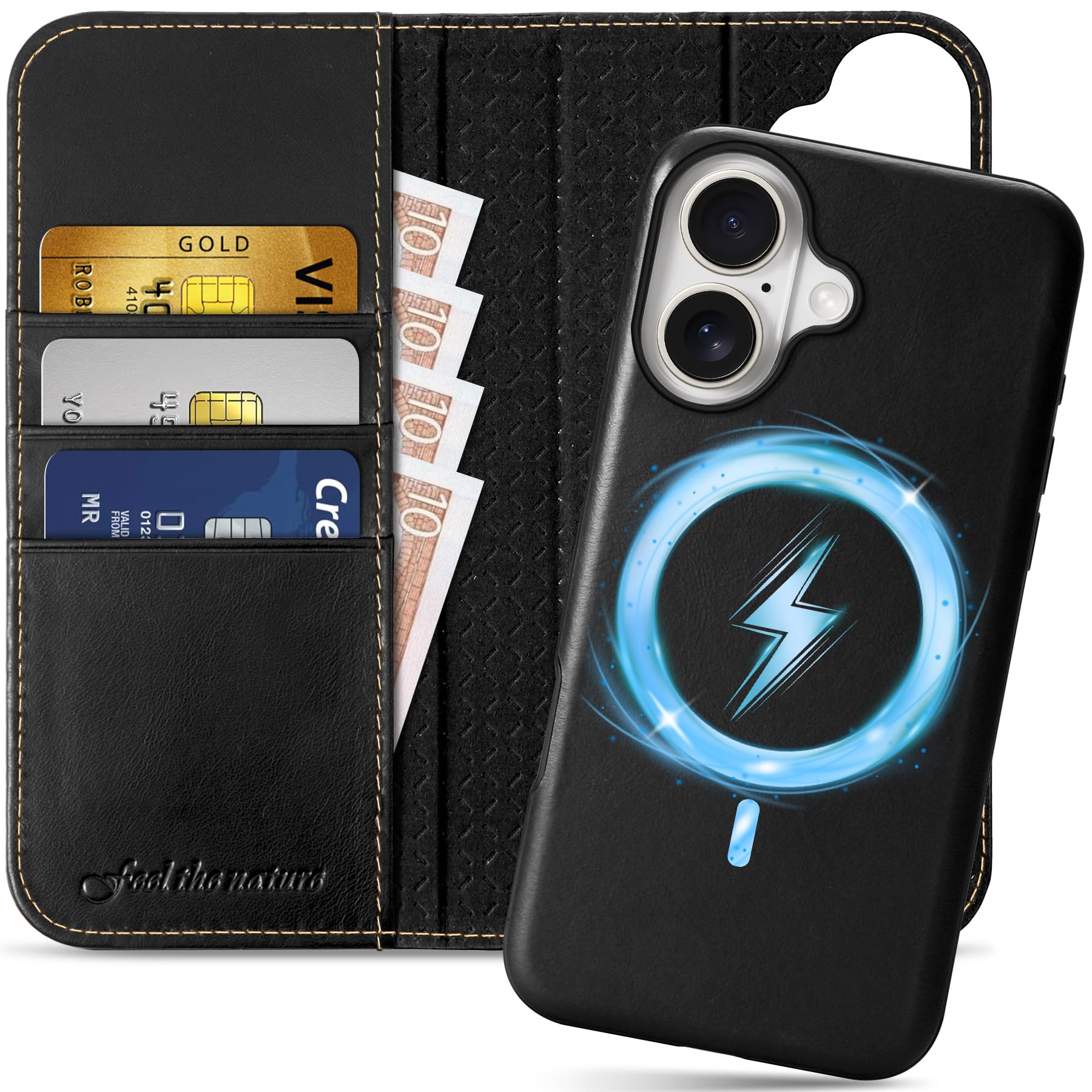 SHIELDON Case for iPhone 16 2024, Genuine Leather 2 in 1 Detachable Wireless Charging Wallet Magnetic RFID Blocking Card Holder Kickstand Shockproof