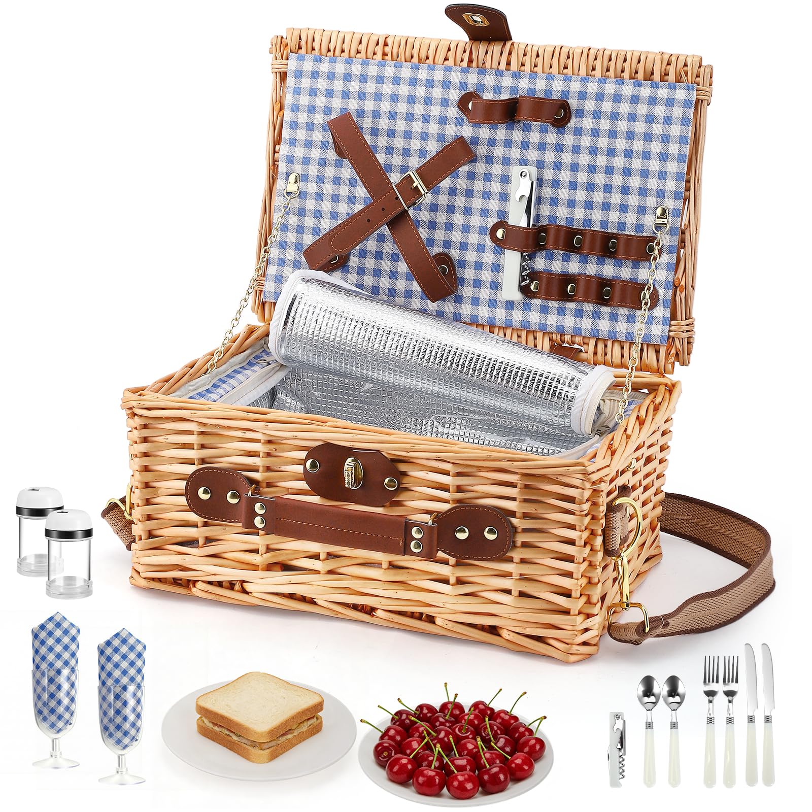 Wicker Picnic Basket Cestino da Picnic in Vimini per 2 Persone – Set Picnic con Vano Isotermico, Piatti, Posate, Bicchieri da Vino, Cavatappi – Perfetto per Spiaggia, Campagna, Parco & Regalo BBQ