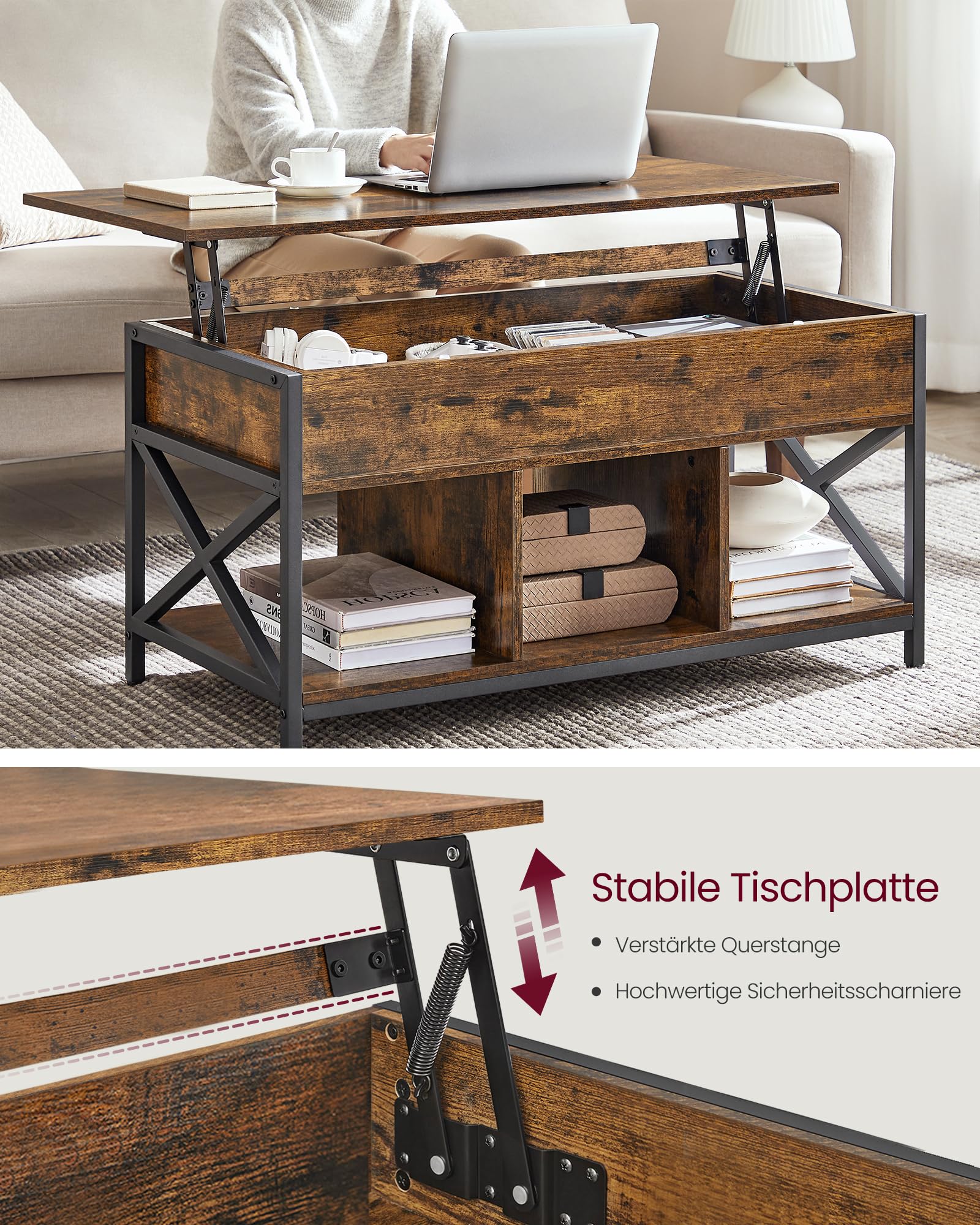 VASAGLE Couchtisch, höhenverstellbarer Wohnzimmertisch, Kaffeetisch, mit verstecktem Stauraum und offenen Fächern, Stahlgestell, 50 x 100 x (46,5-62) cm, vintagebraun-schwarz LCT202B01