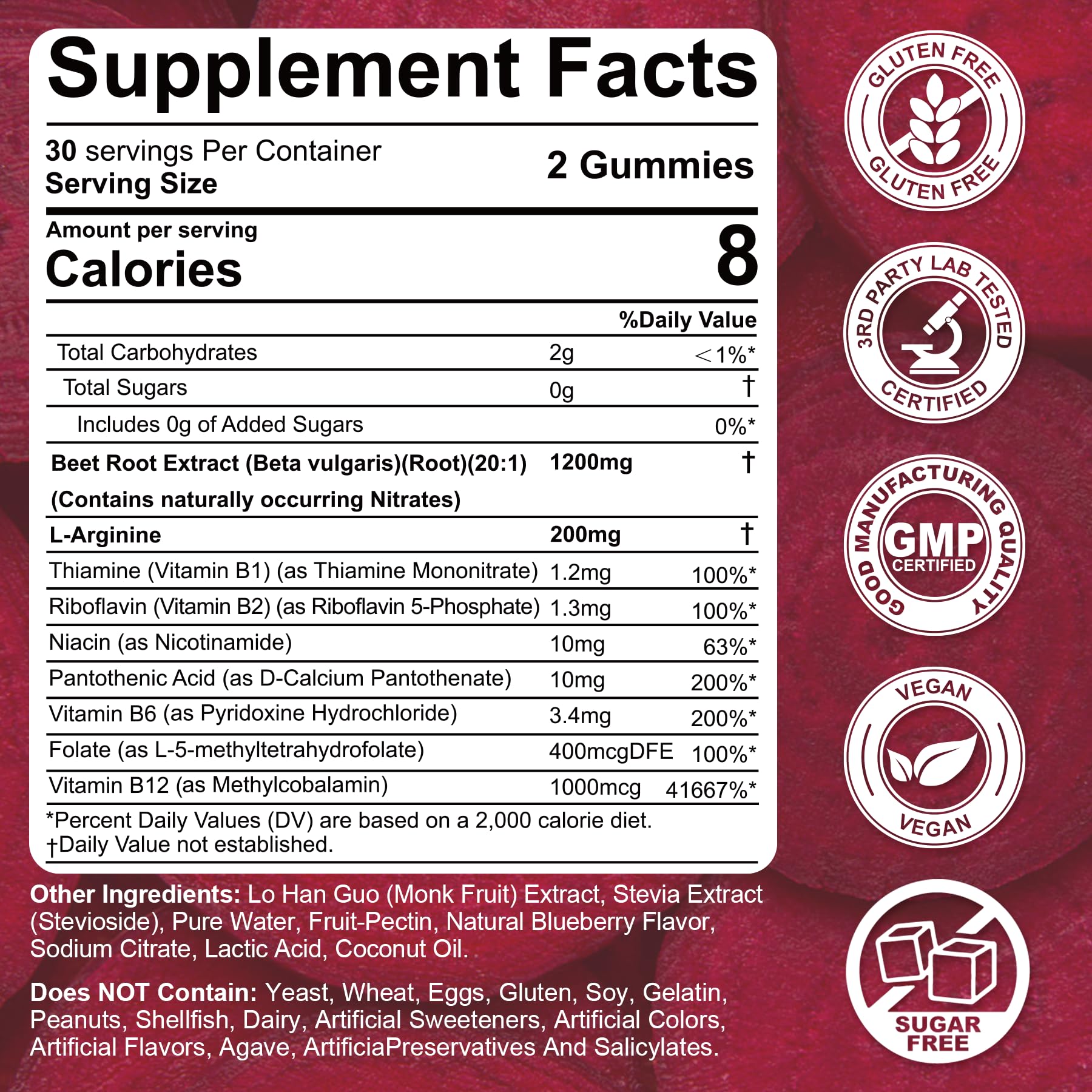 Beet Root Gummies 1200mg with L-Arginine, B1, B2, B3, B5, B6, Folate, B12 — Amazon image 2