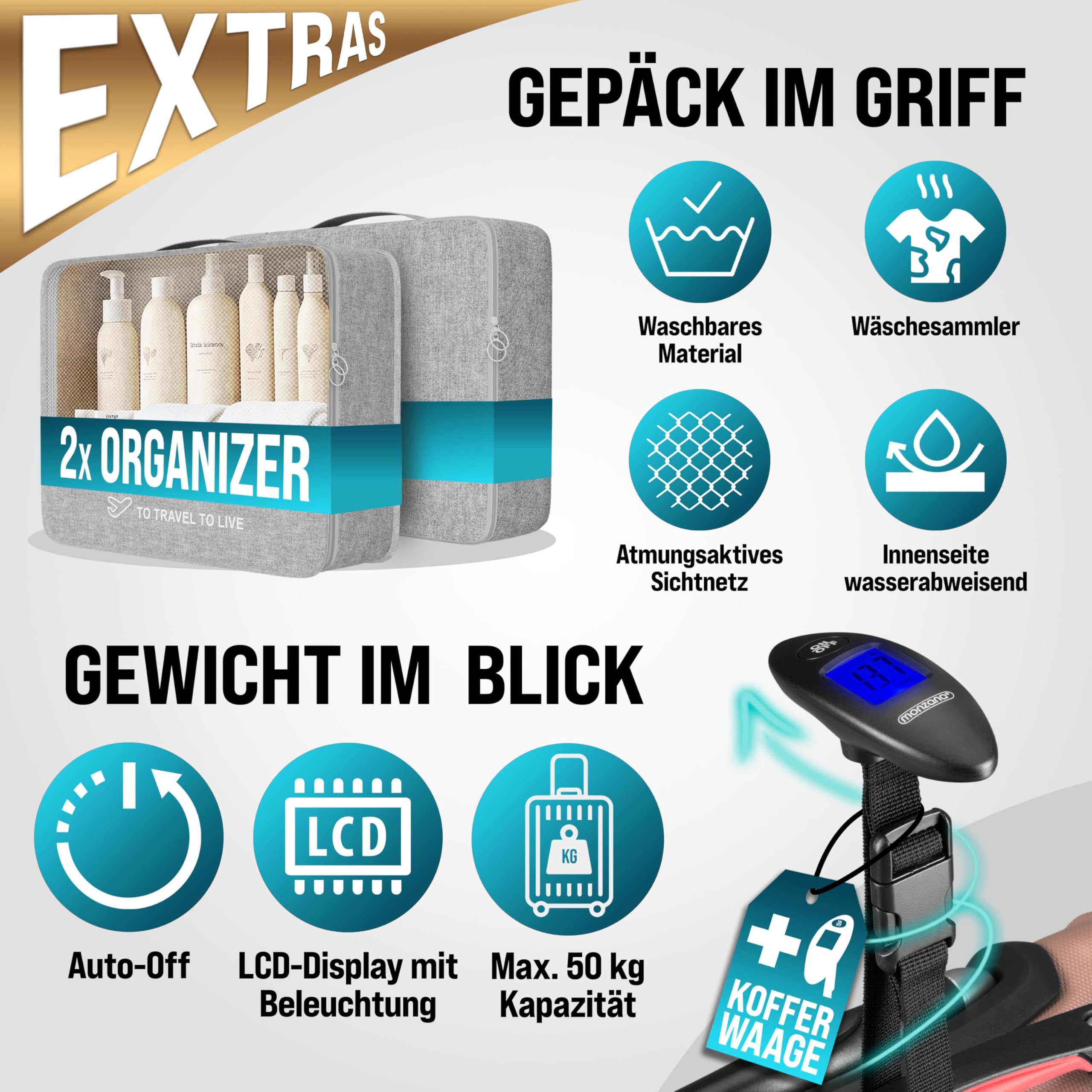 Monzana® 4tlg. Kofferset mit Beautycase, Rose - M-L-XL - inkl. Schloss, Organizer & Kofferwaage - Gurt Gel-Griffe, Zwillingsrollen, Standfüße, Trolley, Reisekoffer, Hartschalenkoffer, Gepäck-Set