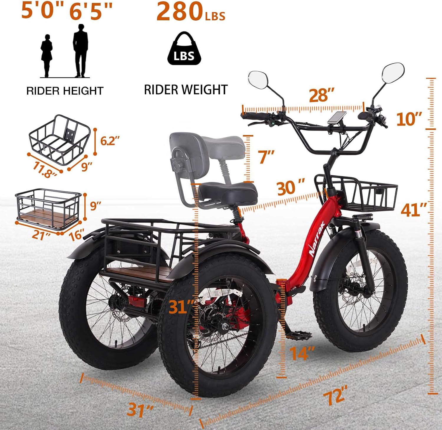 Electric Tricycle for Adults,Fat Tire Folding Electric Trike,3 Wheels Electric Bicycle Bikes, Peak 1350W Step-Thru Etrike with Removable Battery and Large Basket for Women Men