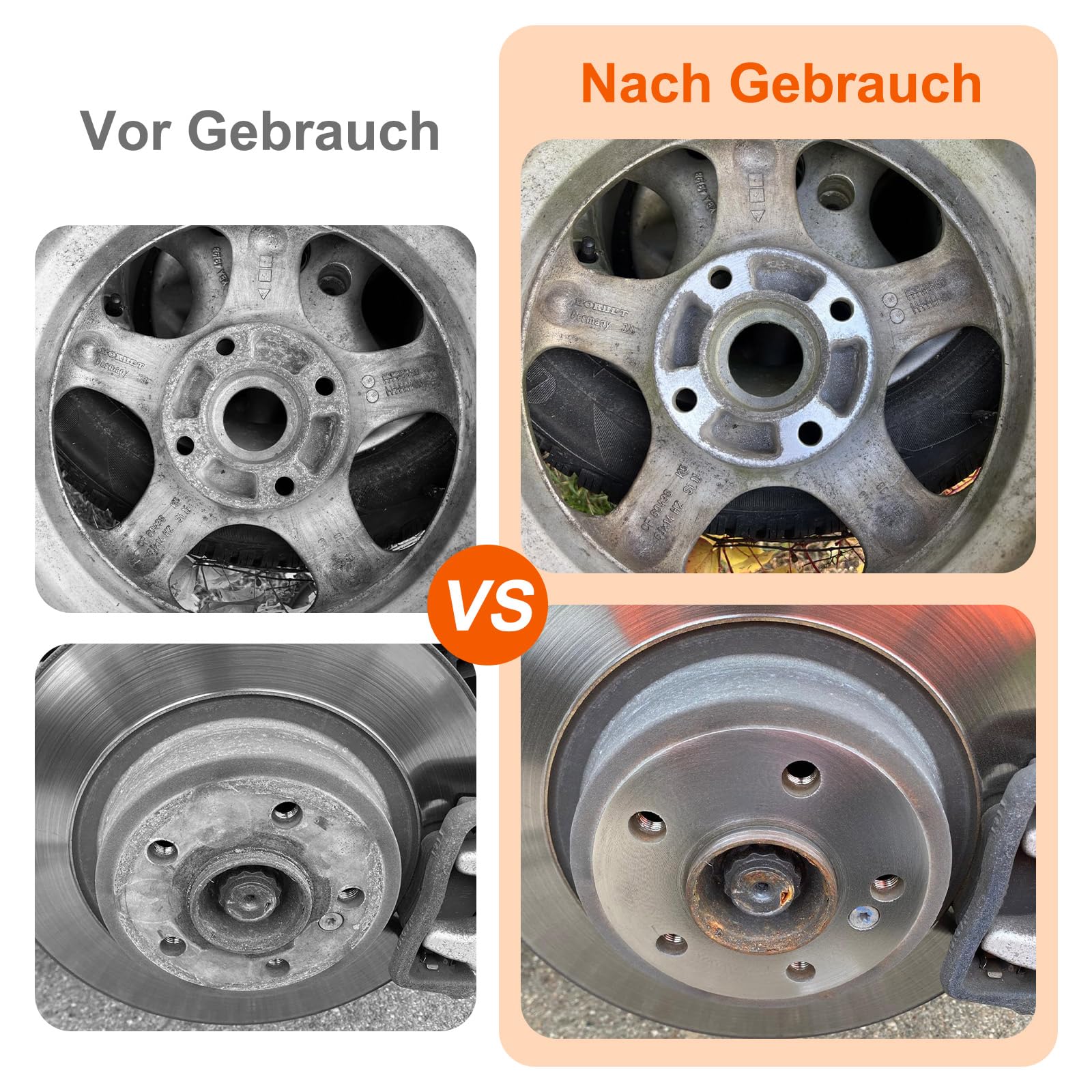 Radnabenschleifer mit 2x Schleifscheiben, Nabenreiniger inkl. Adapter für Akkuschrauber, Rostentferner Kugelkopfschleifer mit 1/2"-Antrieb, 2x Silizium-Karbid-Scheibe Ø 150 mm für Felgenreinigung
