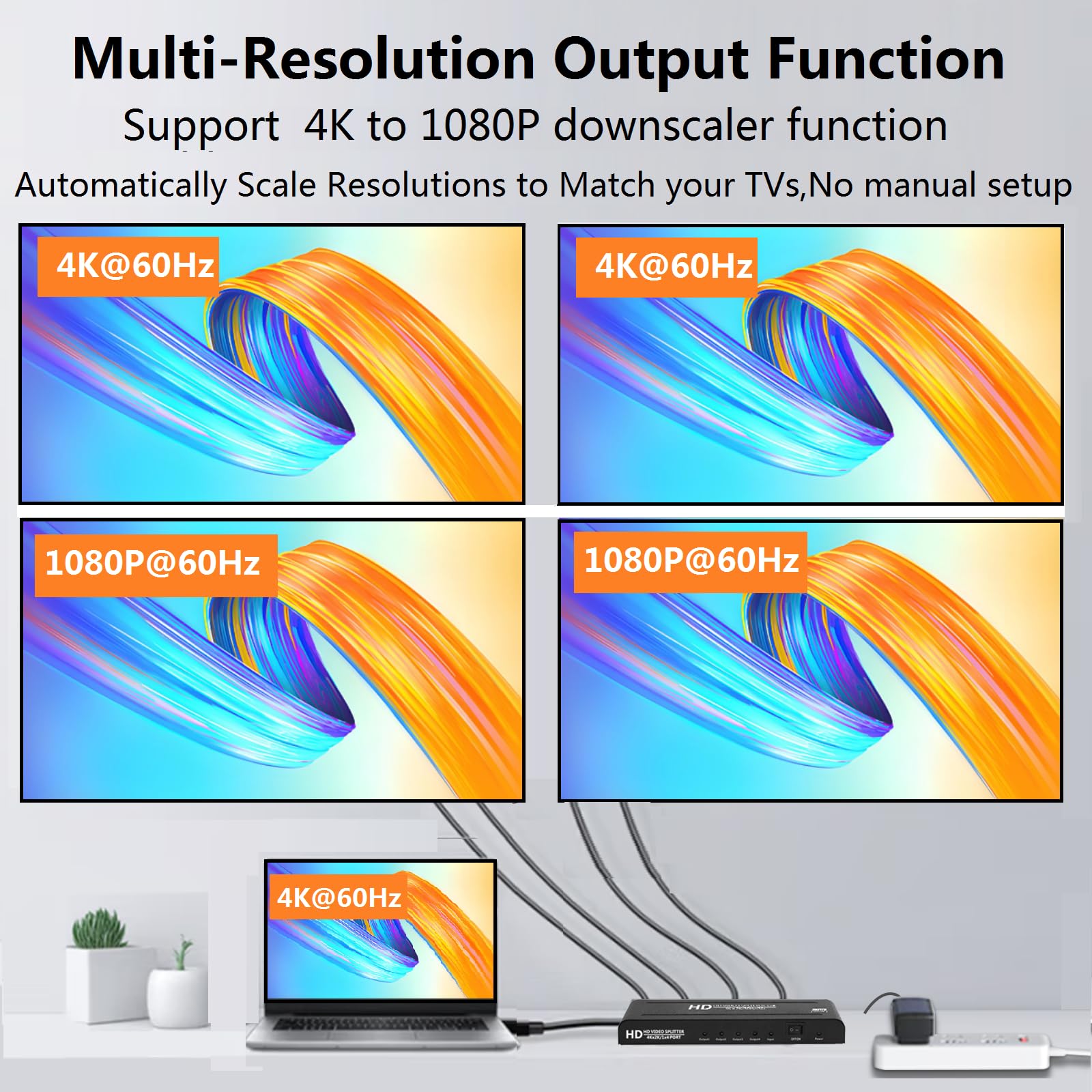 Splitter HDMI 4K a 60Hz 1x4 1 in 4 Out, 4:4:4, 18 Gbps, 4 porte alimentato HDMI 2.0 Splitter supporta scalizzatore automatico, sincronizzazione 4K 1080P, HDR10, 3D, solo schermate duplicazione