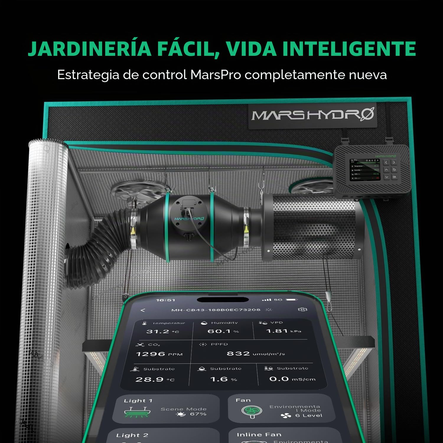 MARS HYDRO Kit de sistema de ventilación de tienda de cultivo de 6 pulgadas, ventilador de conducto en línea con controlador de temperatura y humedad iControl, control remoto de aplicación, combo de