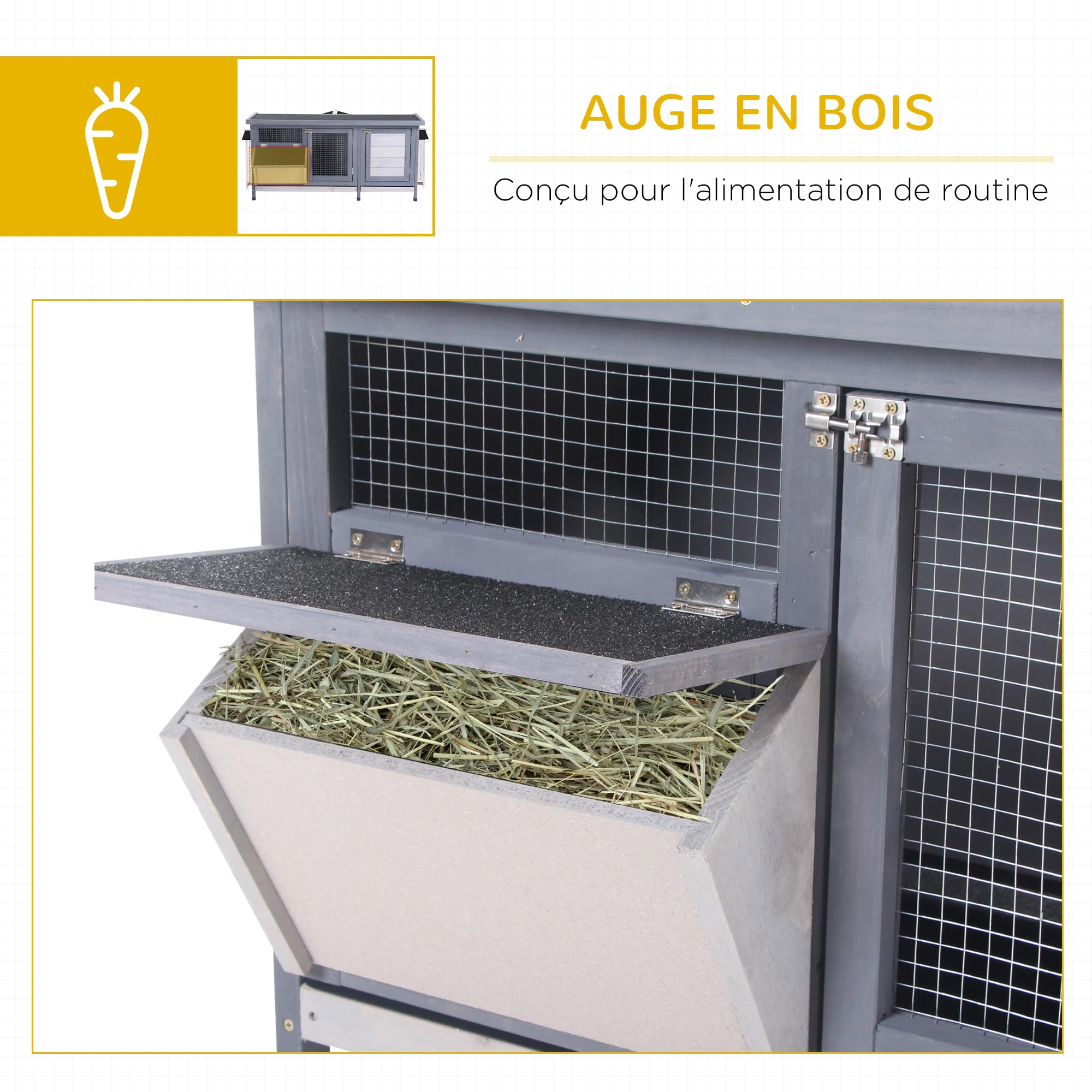 PawHut Clapier sur Pied Cage à Lapin avec Toit bitumé ouvrant 2 Portes verrouillables 2 tiroirs à déjection coulissants mangeoire Bois de Sapin traité dim. 112L x 50l x 54H cm Gris et Noir