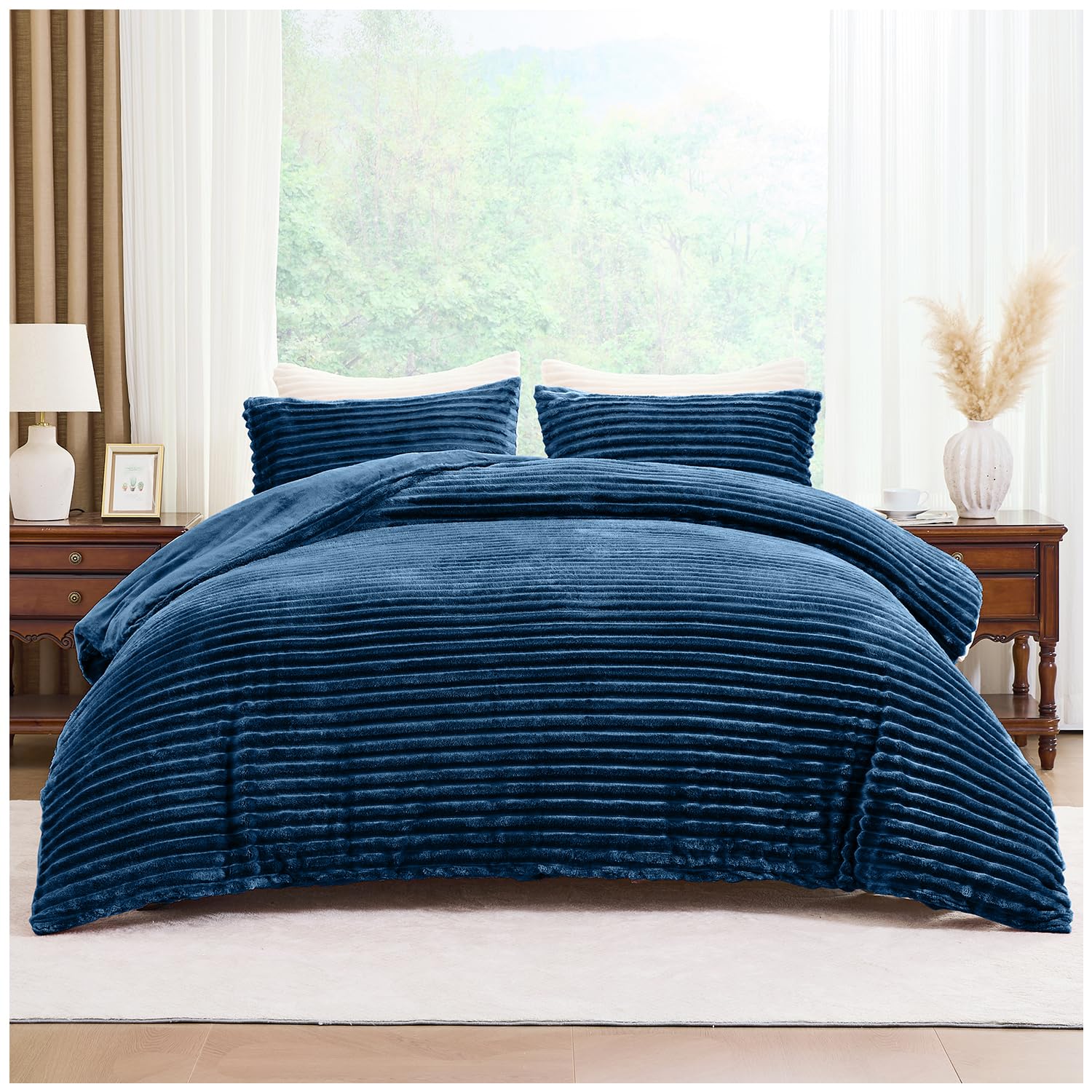 GC GAVENO CAVAILIA Ribbed Fleece Duvet Set With Pillow Cases | Thermal Warm Cozy Winter Bedding Double Duvet Cover Set 200x200 Cm | Hypoallergenic, Washable Polyester Quilt Cover Bed Sets, Navy — image 1
