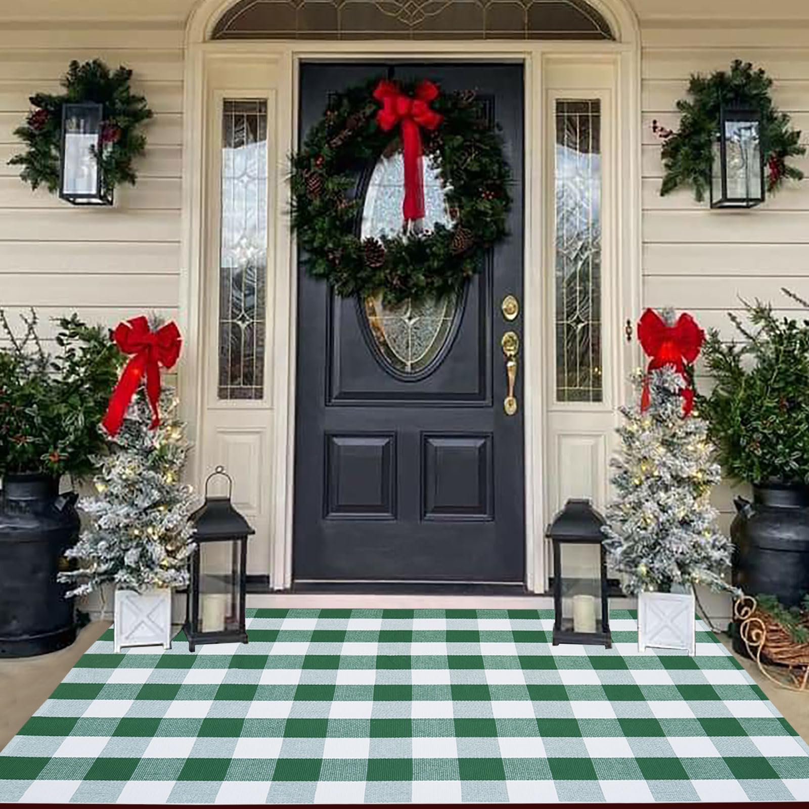 CAINANEL Green and White Buffalo Plaid Outdoor Rug Spring Door Mat Layering Rug Welcome Doormats for Spring Easter Farmhouse Entrance Porch Outdoors