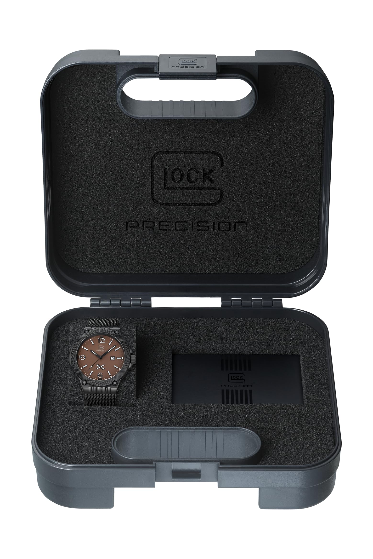 GLOCK Reloj de cuarzo para hombre | Caja de 43 mm | Reloj de pulsera con caja de acero inoxidable negro | Esfera con textura de arena | Correa de malla negra | 10ATM | GW-43-5-24