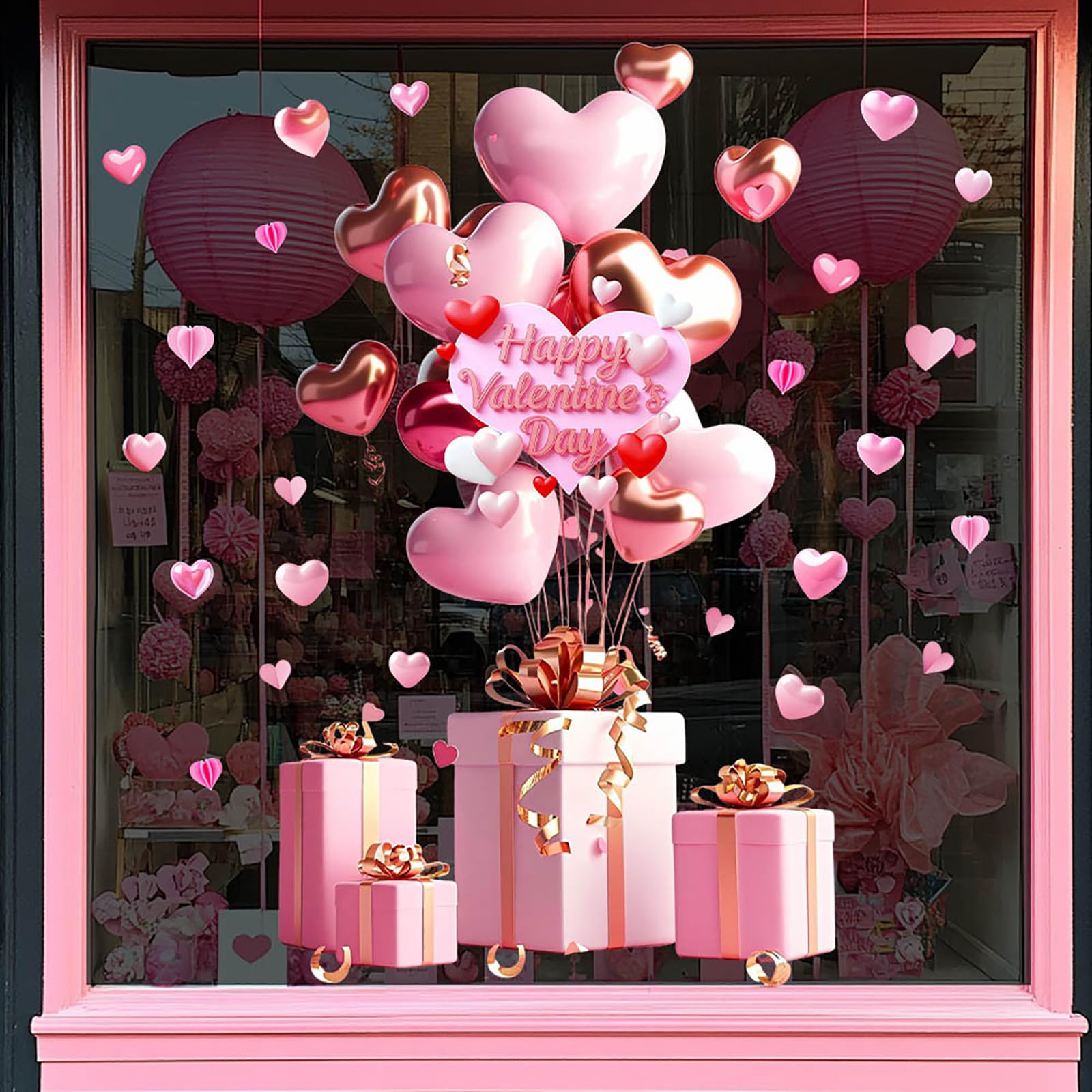 Photo 1 of 1 Sheet Pink Valentines Window Cling for Glass, Romantic Gift Box Love Heart Window Stickers for Valentine’s Day Decorations, Double-Sided Heart Window Decals for Home Wedding Anniversary Party Decor