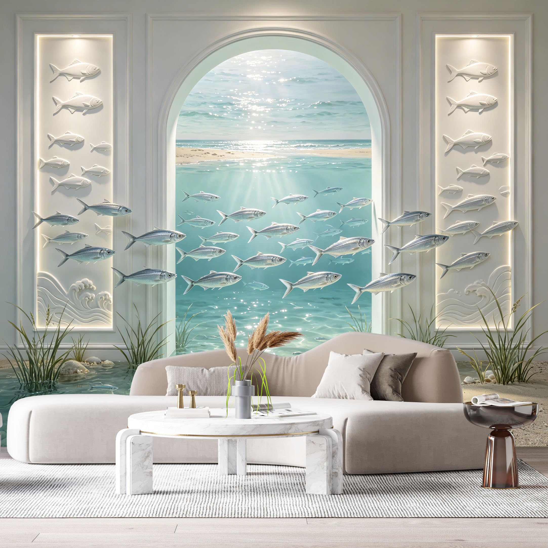 Custom Size Wall Murals Coastal Ocean Marine Underwater Fish 3D Trompe L'Oeil SelfAdhesiveWall Fabric Removable Wallpaper Wall Decor for Living Room Bedroom Bathroom